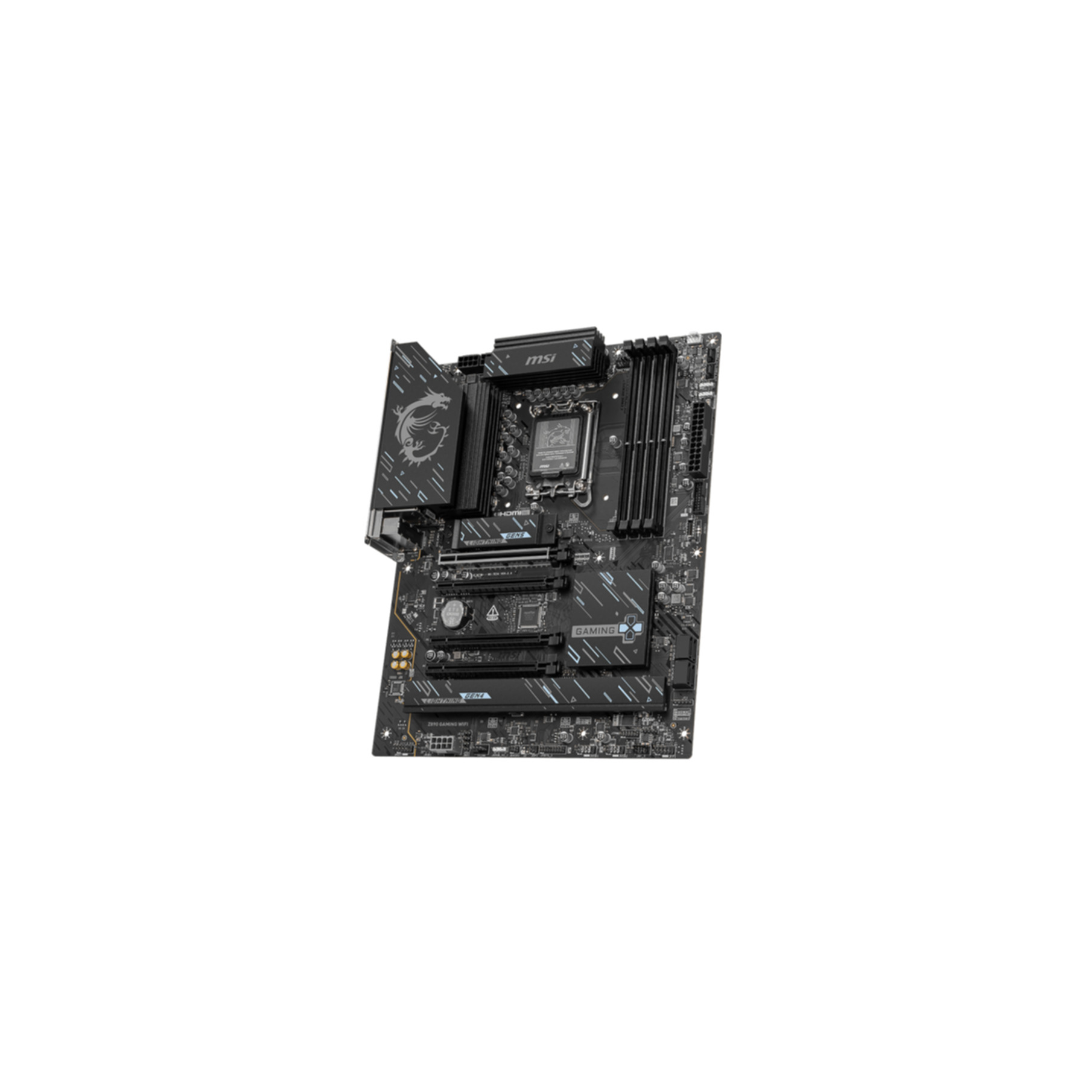 Czarna płyta główna ze srebrnym logo MSI i motywem smoka.