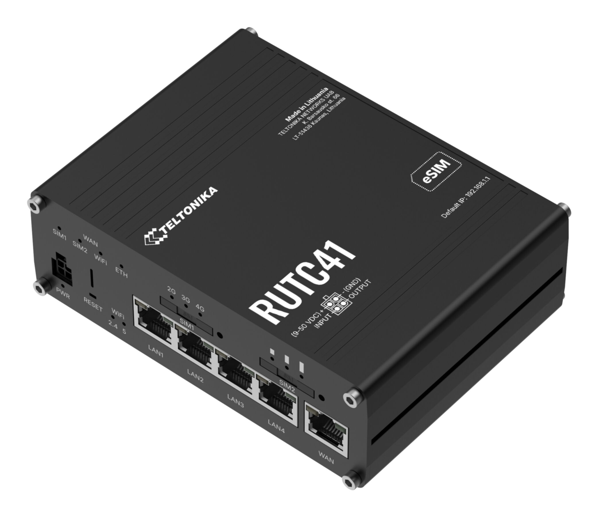 Schwarzer Teltonika RUT C41 Router mit vielen Anschlüssen: WAN, LAN, SIM, WiFi, Reset.