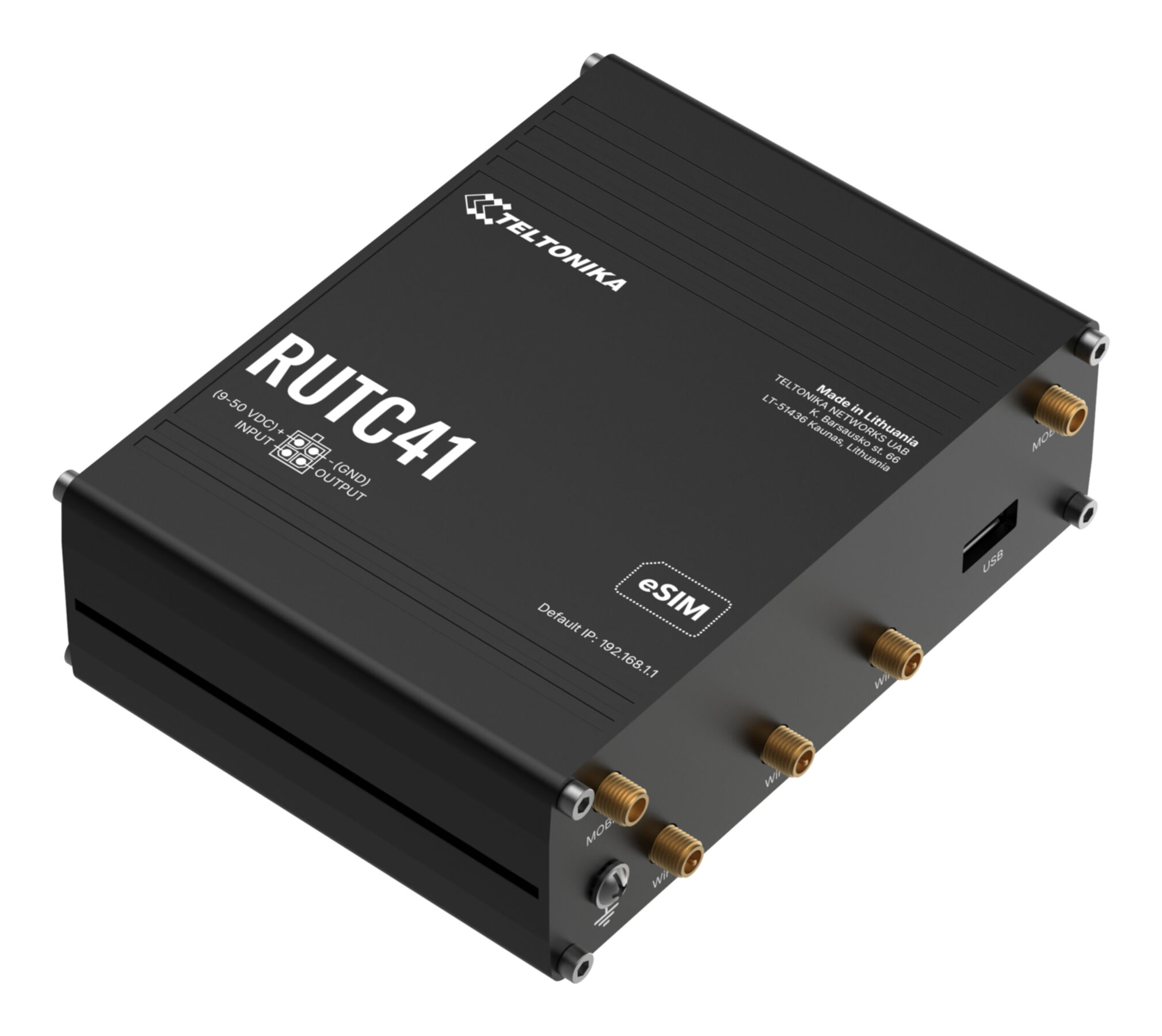 Schwarzer Teltonika RUTC41 Router mit Anschlüssen und Beschriftungen.