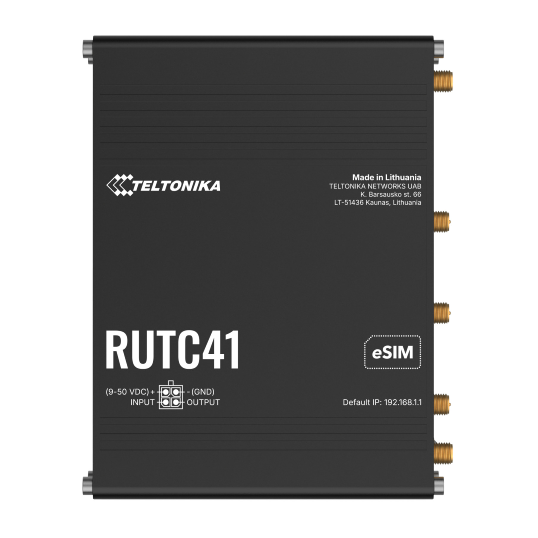 Schwarzes Teltonika RUTC41 Gerät mit Anschlüssen und eSIM-Logo.