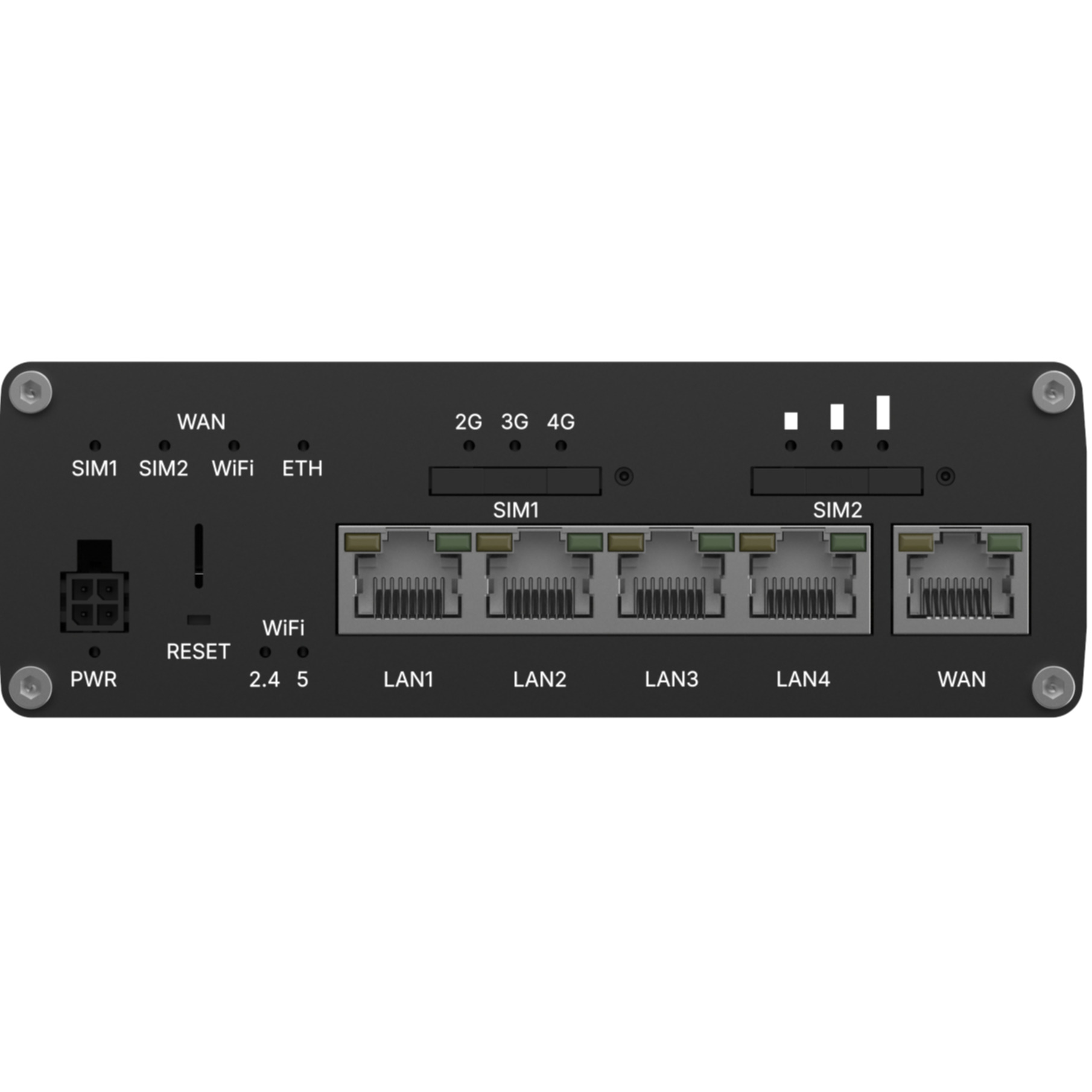 Schwarzer Router mit Anschlüssen: WAN, SIM1, SIM2, WiFi, ETH, LAN1-4.