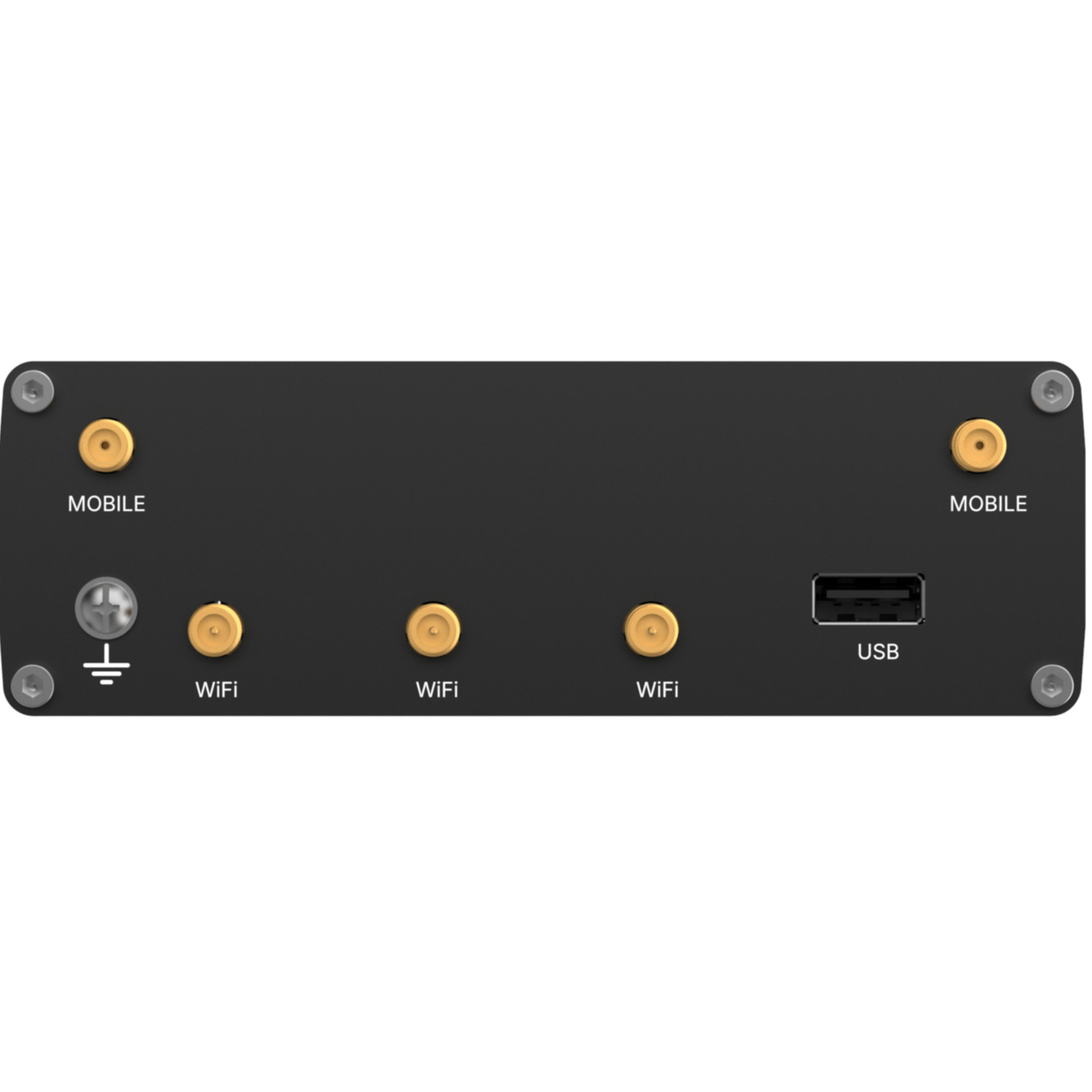 Schwarzes Gehäuse mit Anschlüssen: 2x Mobile, 1x Masse, 3x WiFi, 1x USB.