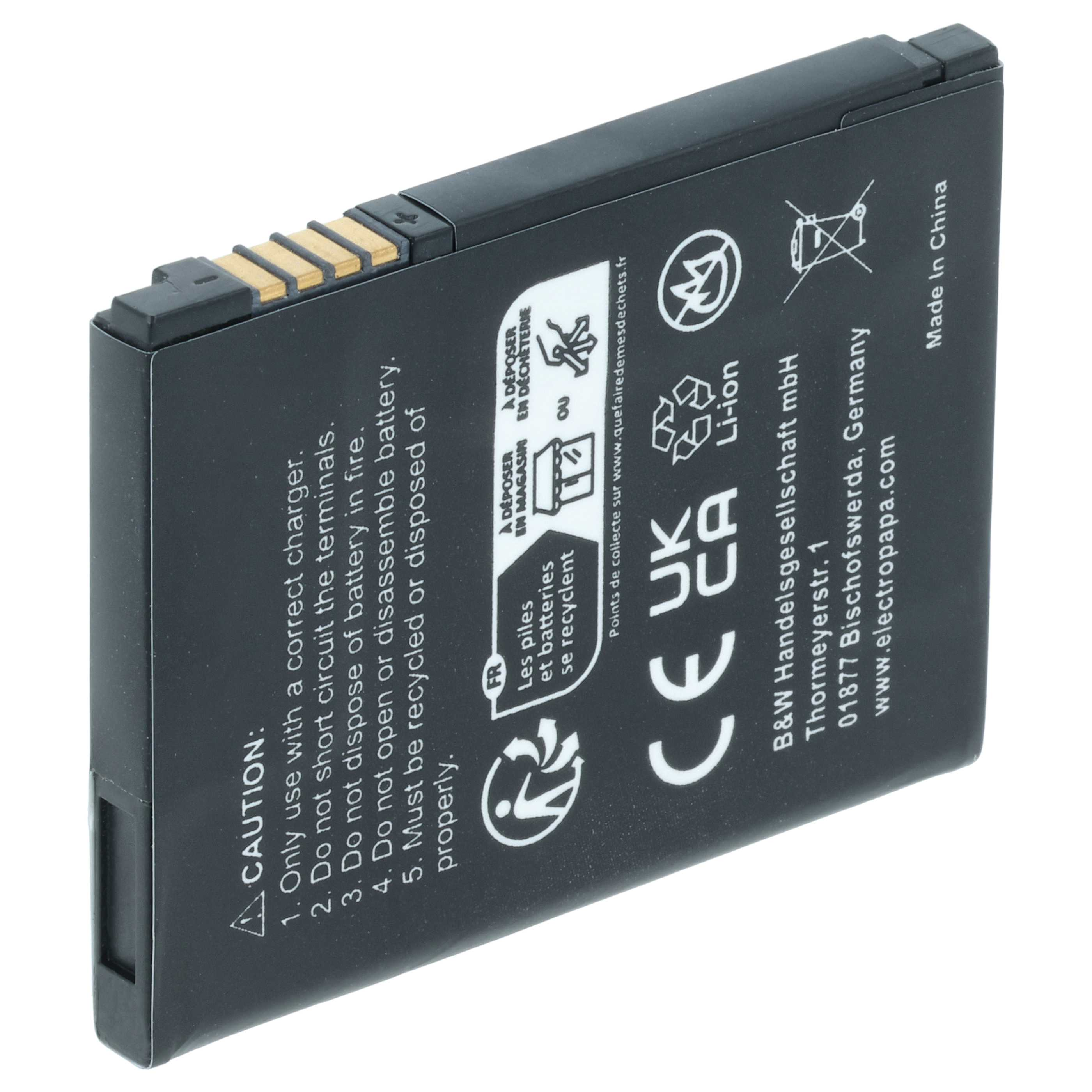 Schwarzer Li-Ion Akku mit Kontakten und Warnhinweisen. Hergestellt in China.