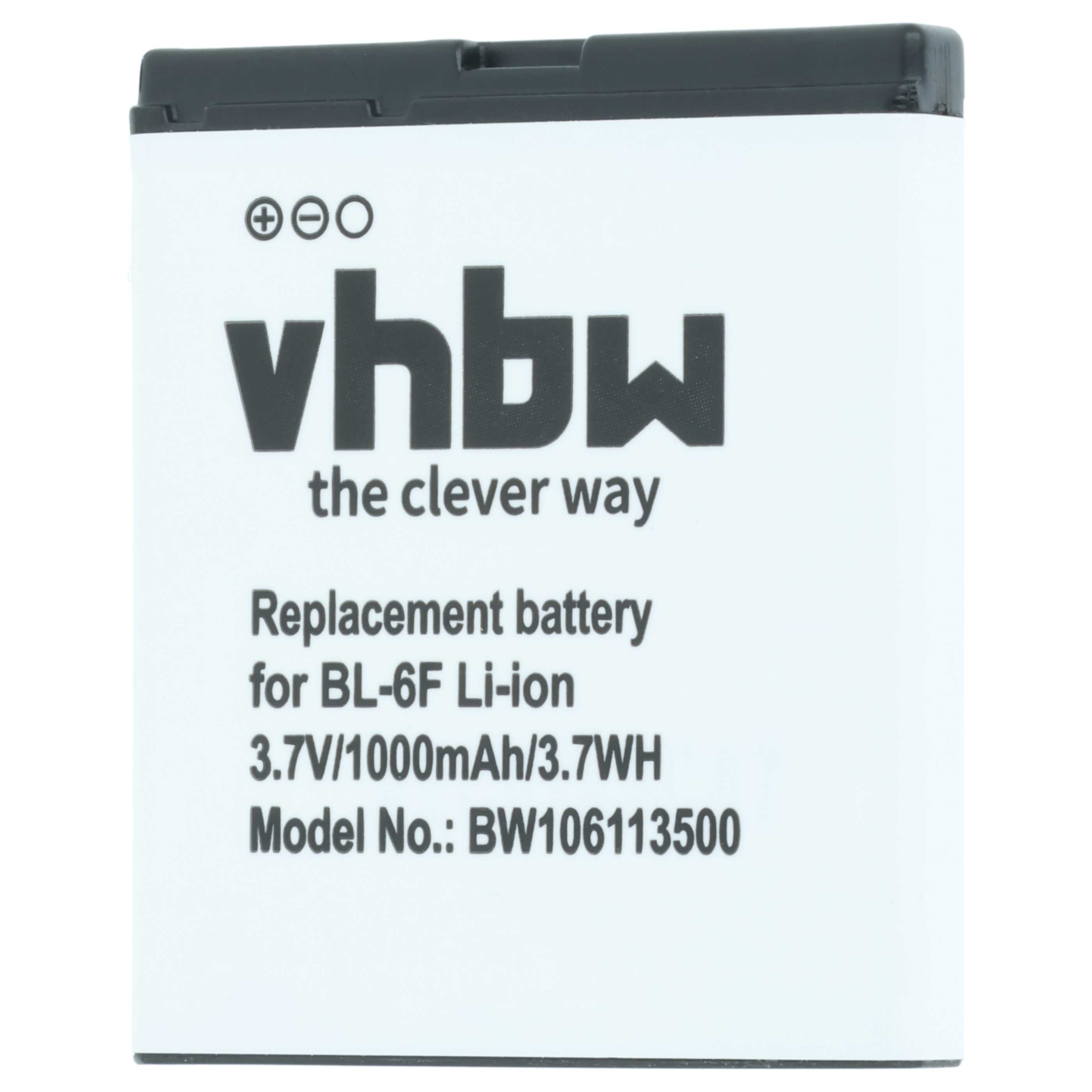 Ein weißer Akku mit schwarzem Aufdruck: vhbw, Ersatzakku für BL-6F Li-ion.