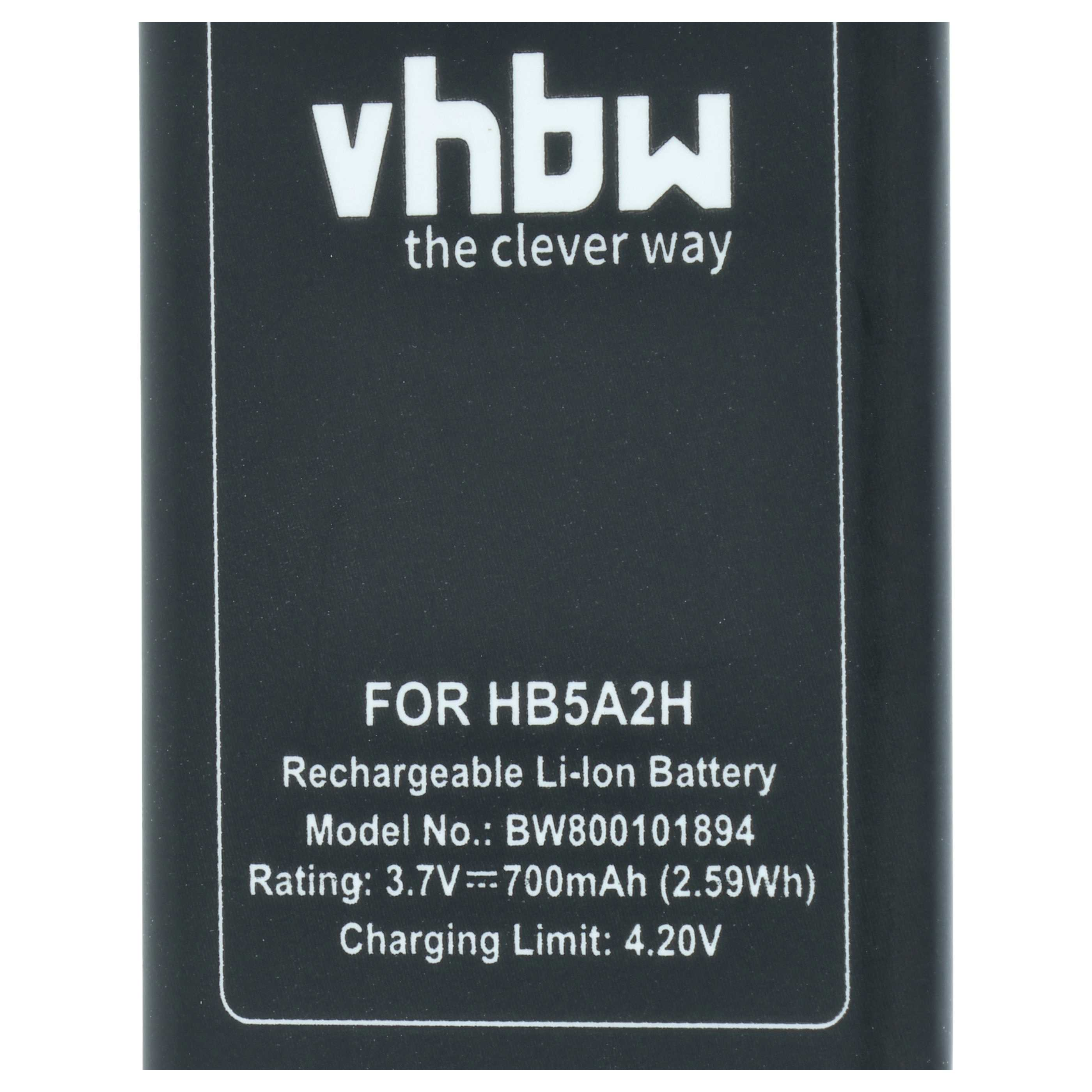 Schwarzer Akku für HB5A2H, 3.7V, 700mAh, mit "vhbw" Logo.