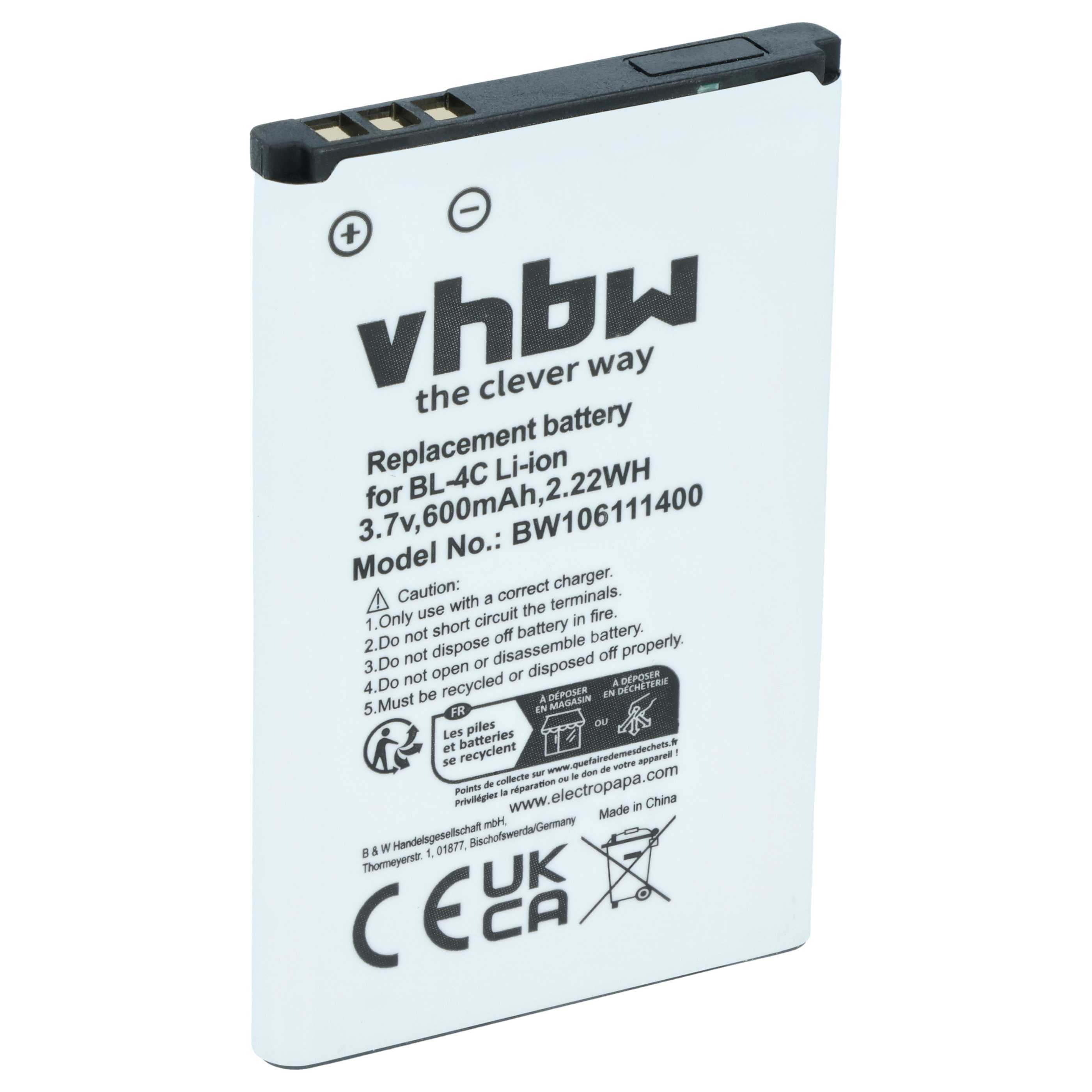 Ein weißer Akku mit schwarzem Aufdruck, der Marke vhbw und technischen Details.