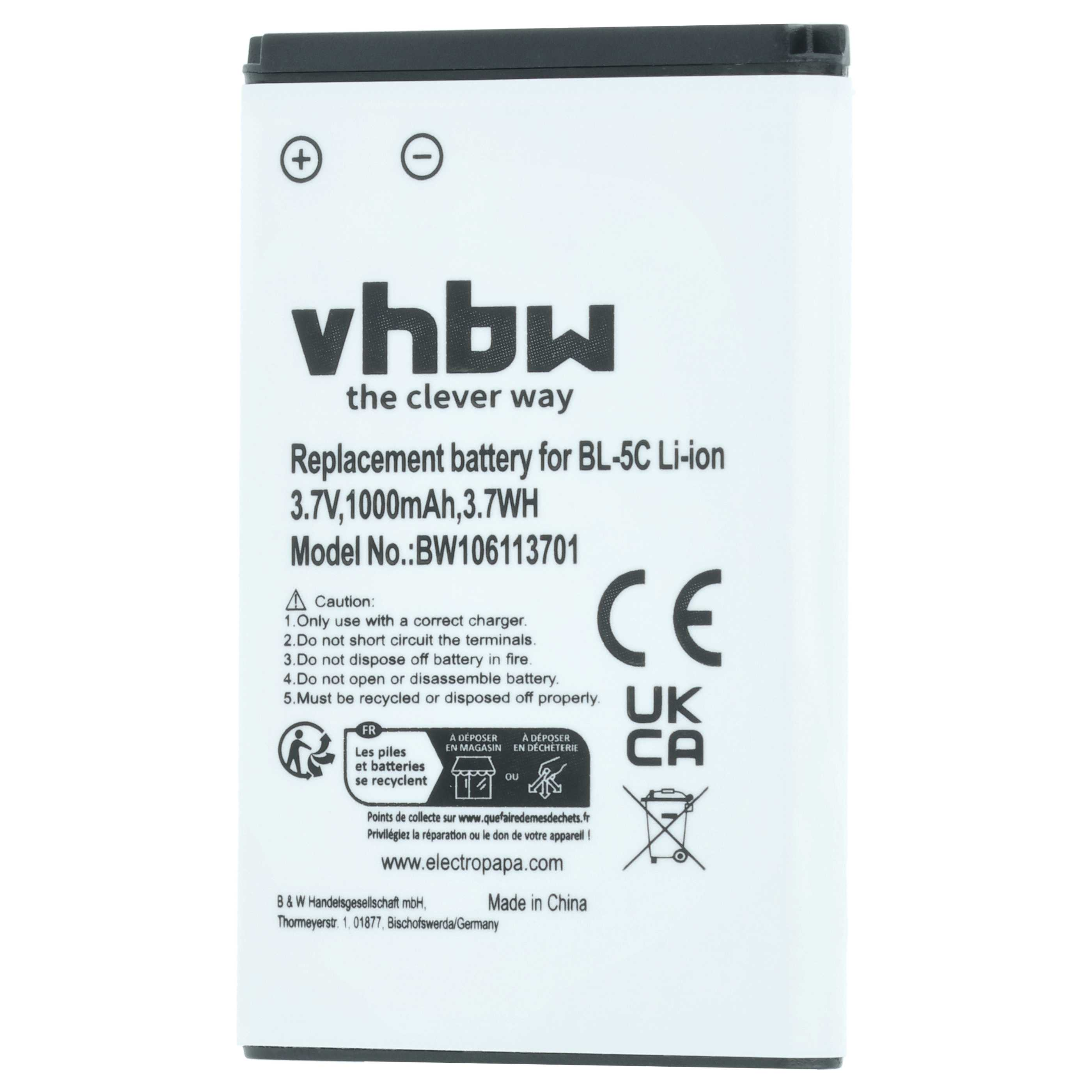 Weiße Batterie mit schwarzem Aufdruck, Modell BL-5C, 3,7V, 1000mAh.