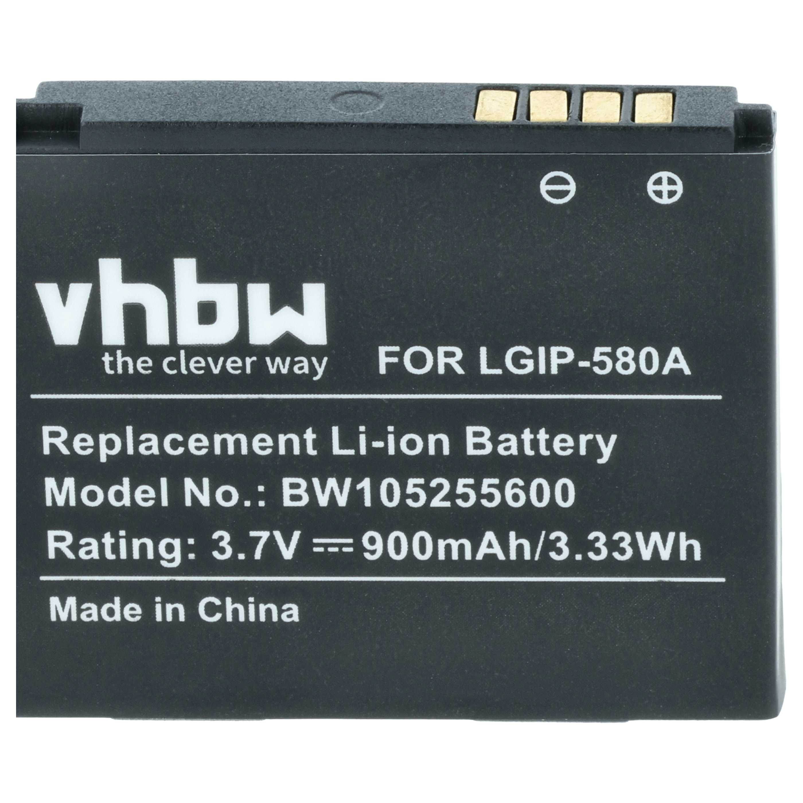 Schwarzer Akku für LGIP-580A mit VHBW-Logo und technischen Daten.