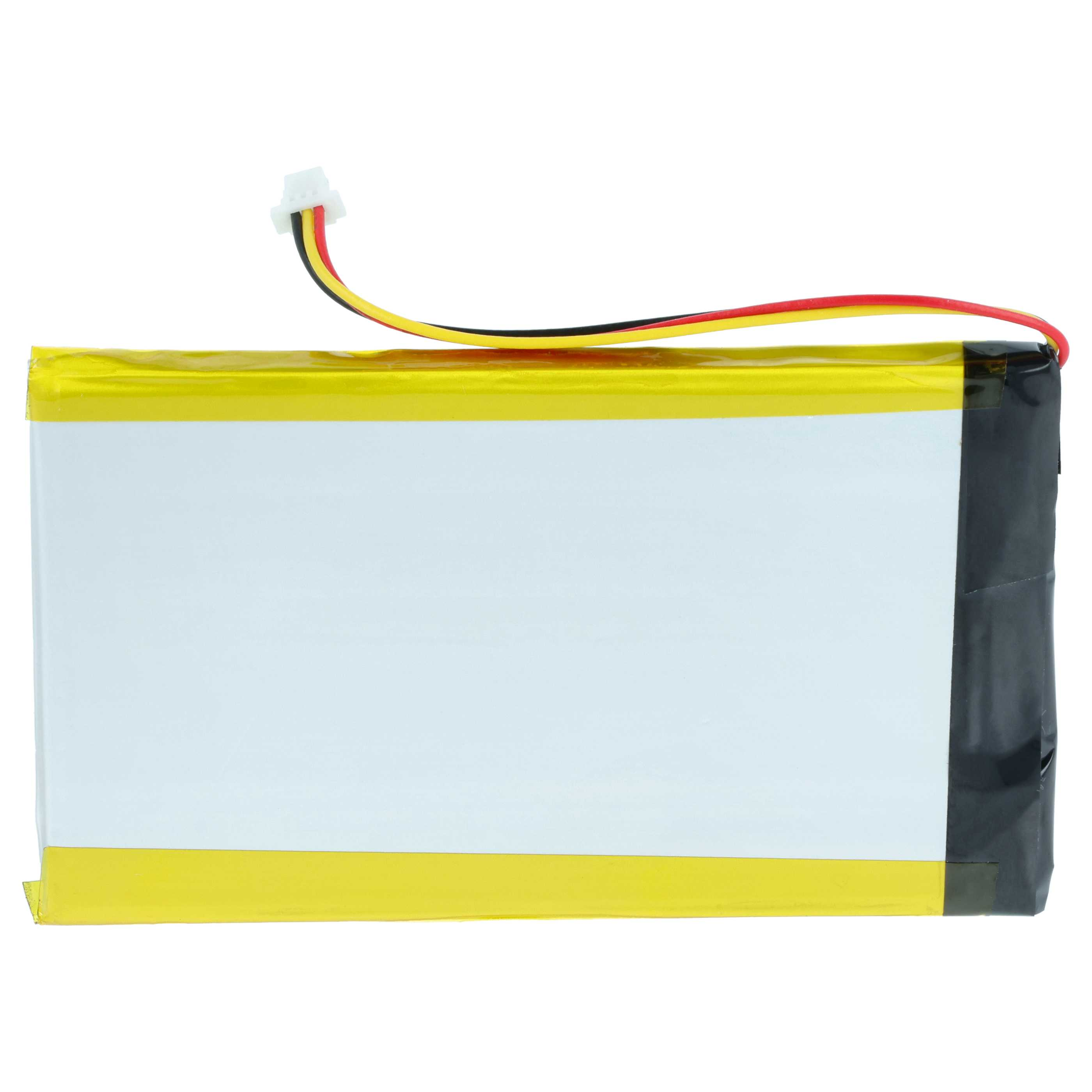 Flaches LiPo-Akku mit gelben und weißen Bändern, schwarzem Stecker und drei Kabeln.