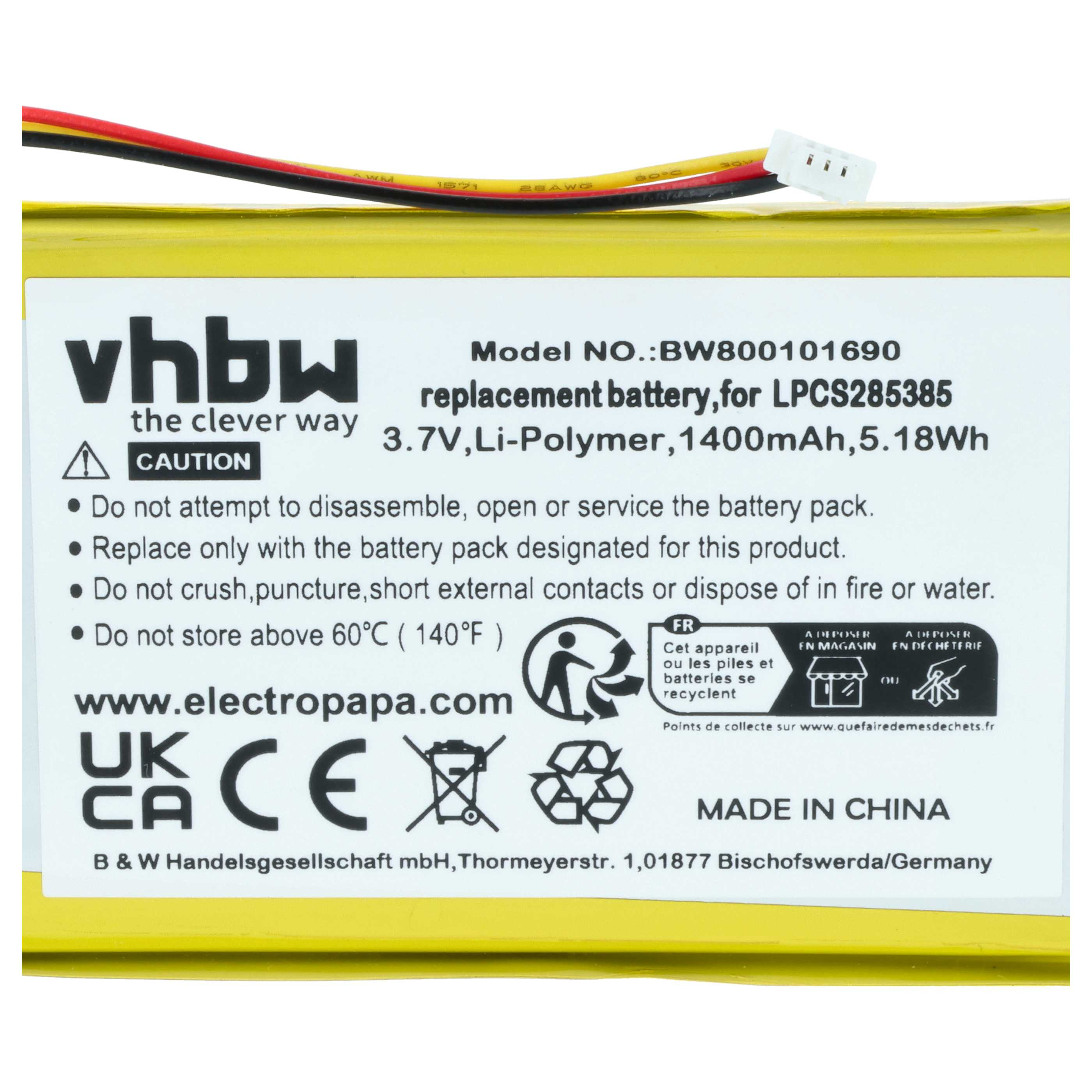 VHBW Ersatzakku, 3,7V Li-Polymer, 1400mAh, für LPCS285385. Made in China.