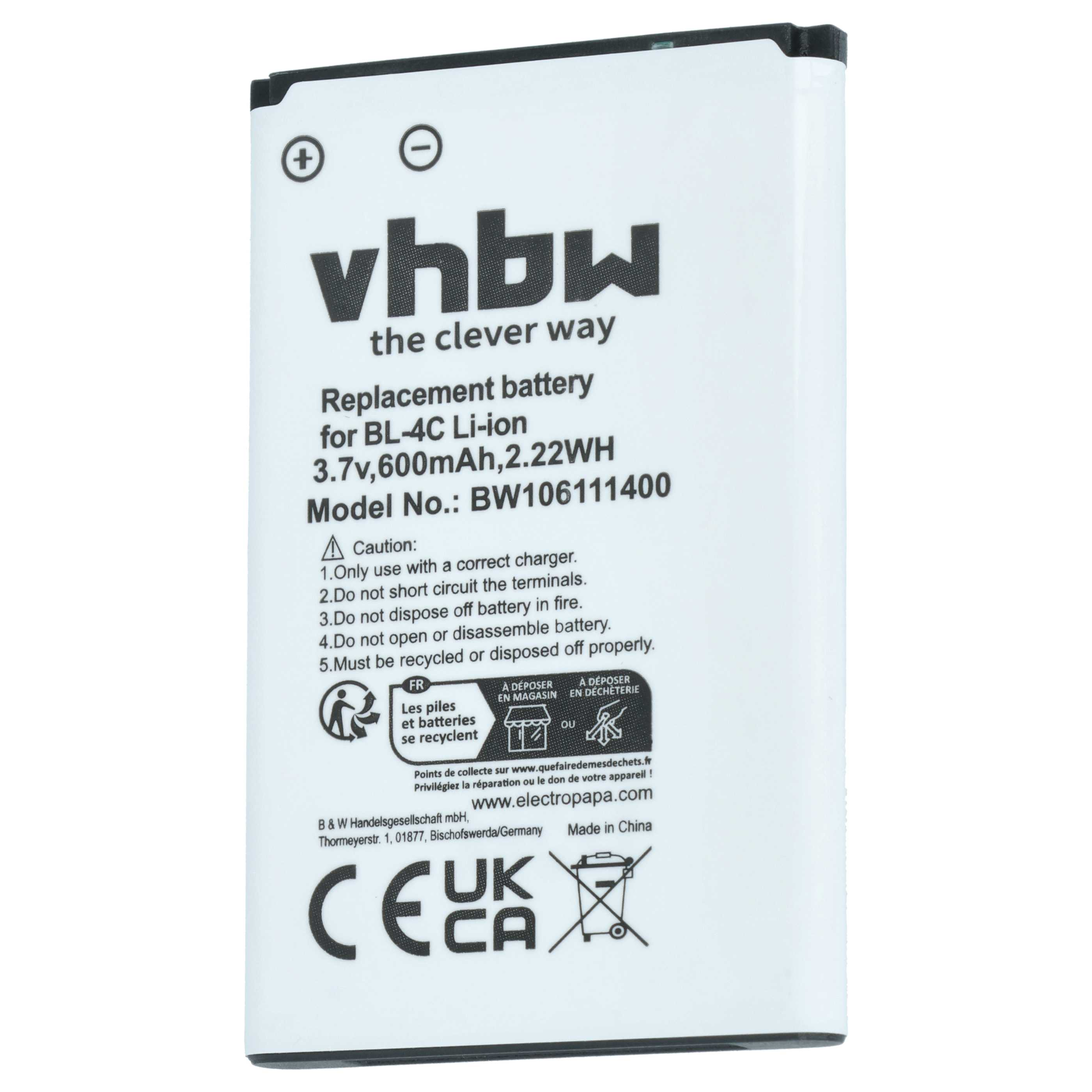 Weiße Ersatzbatterie für BL-4C Li-ion, 3,7V, 600mAh, mit Warnhinweisen.