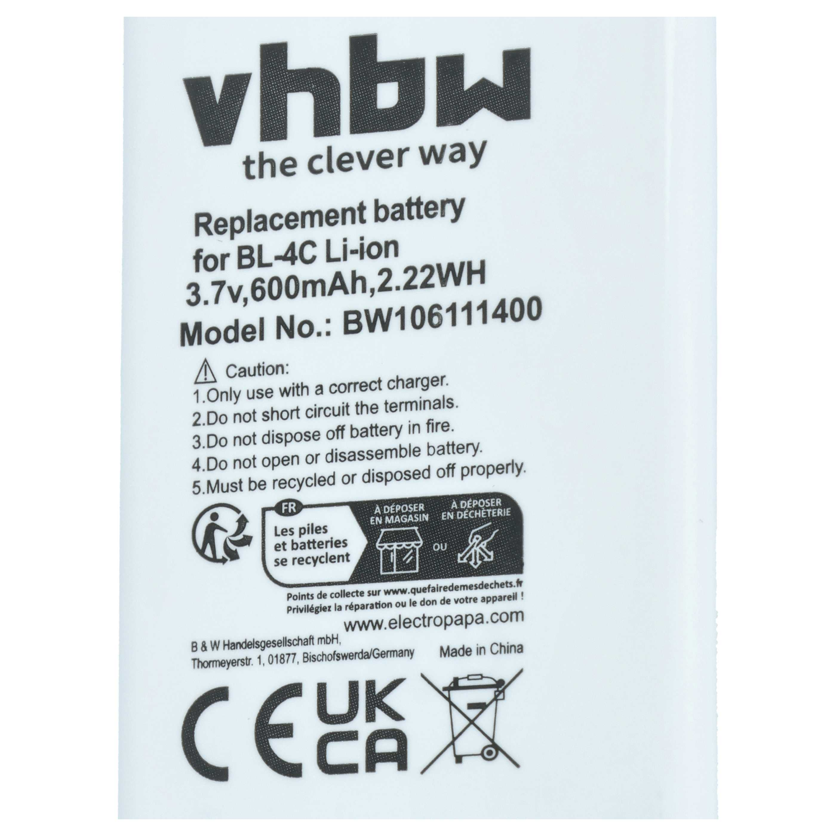 vhbw BL-4C Li-Ion Akku, 3.7V, 600mAh, BW106111400. Made in China.