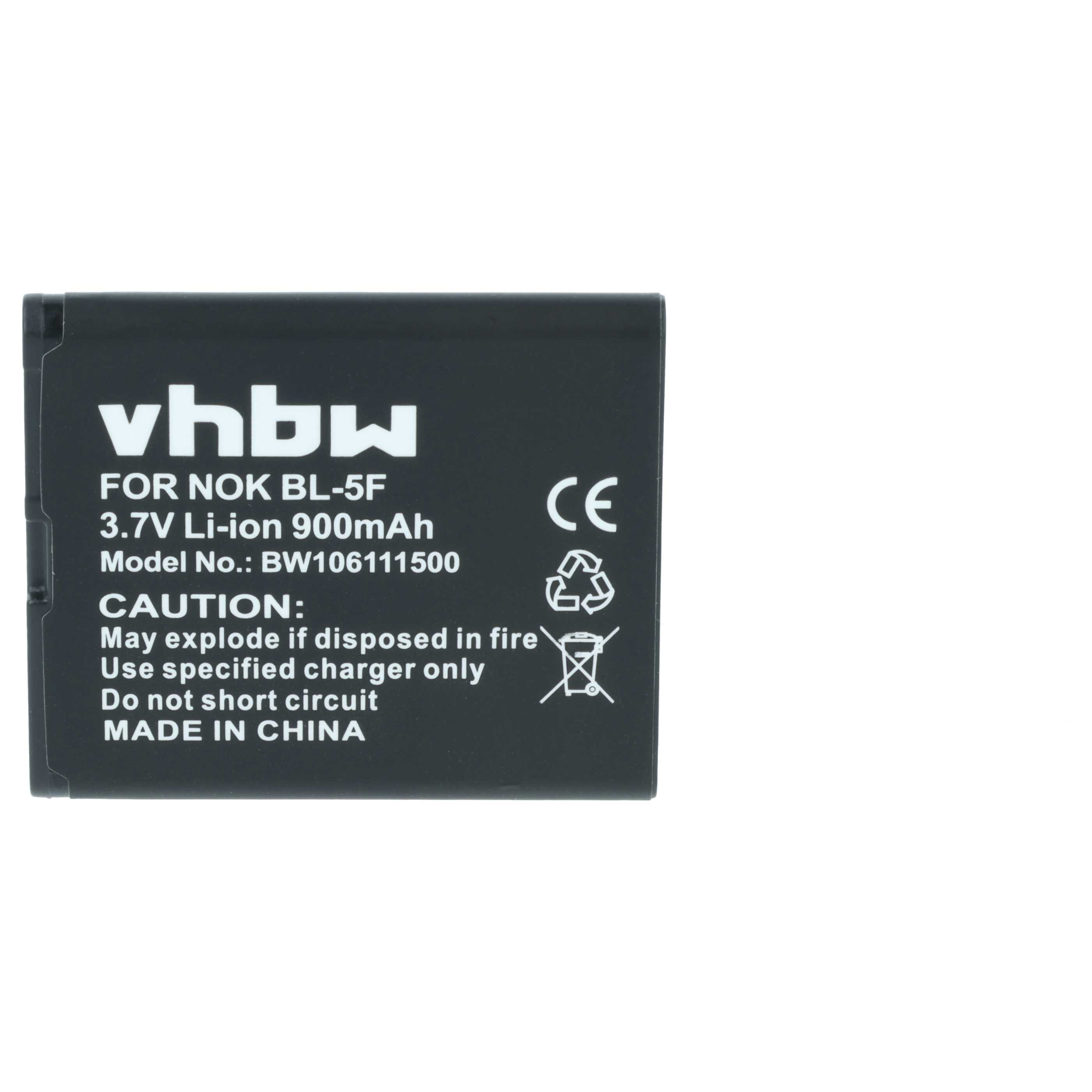Schwarzer Akku für Nokia BL-5F, 3,7V, 900mAh, mit Warnhinweisen.