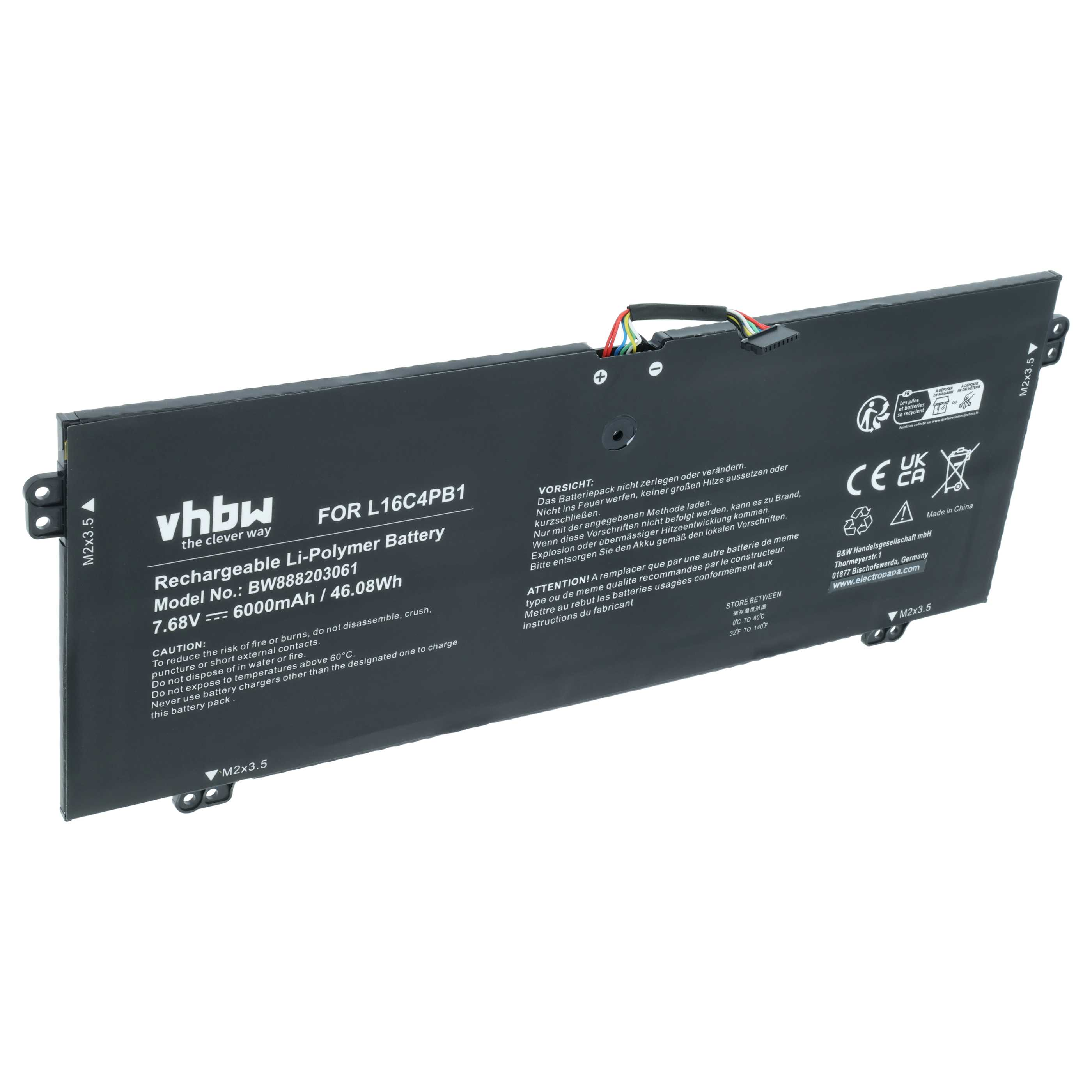 Schwarzer Laptop-Akku mit vhbw-Logo, Modell L16C4PB1, 7.68V, 6000mAh.