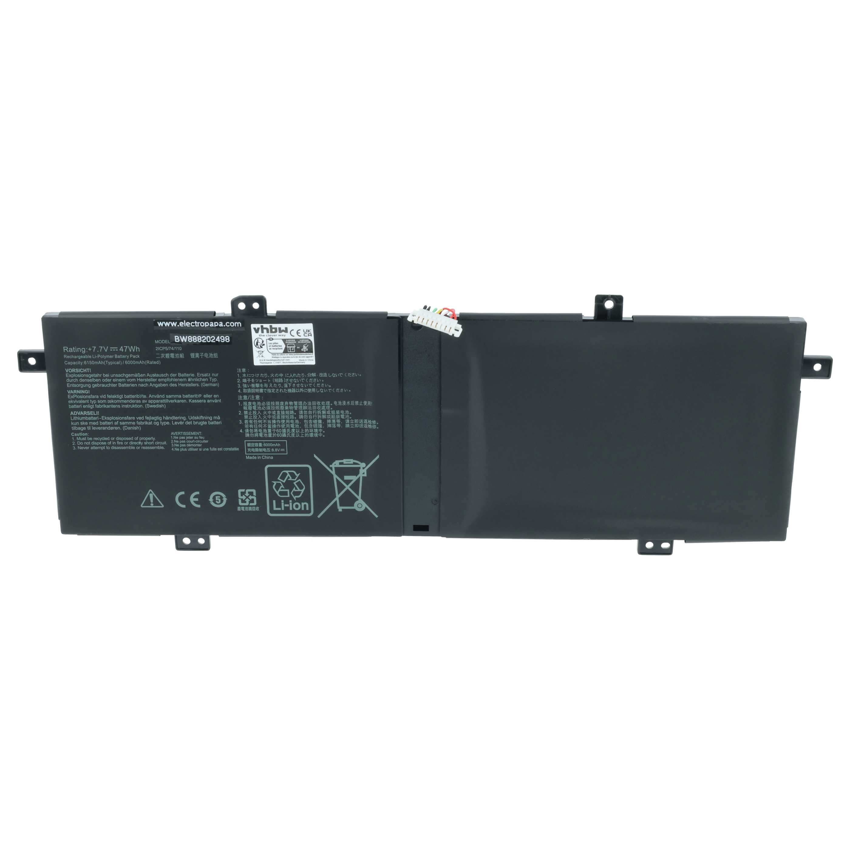 Schwarzer Lithium-Polymer-Akku mit Beschriftungen und Anschlüssen, 47Wh.