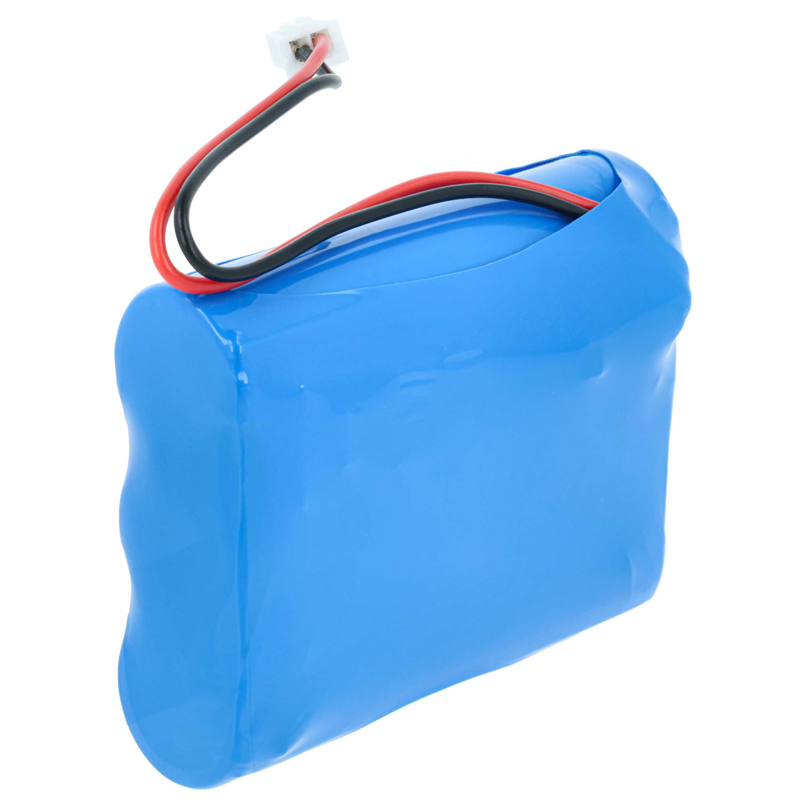 Blauer Akku mit roten und schwarzen Kabeln und weißem Stecker.