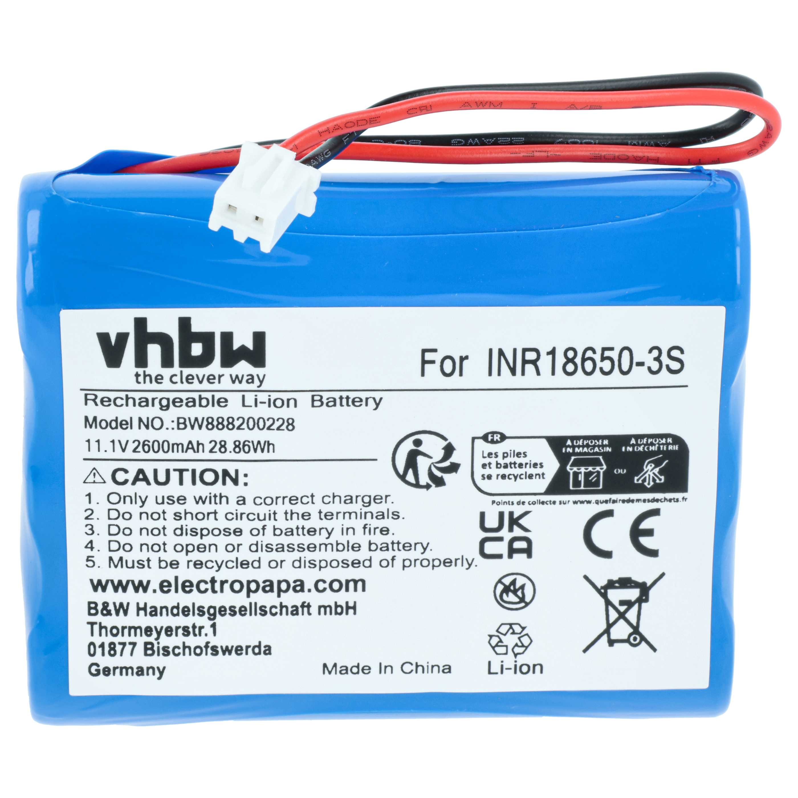Blauer Lithium-Ionen-Akku mit Kabeln und Aufkleber mit technischen Daten und Warnhinweisen.
