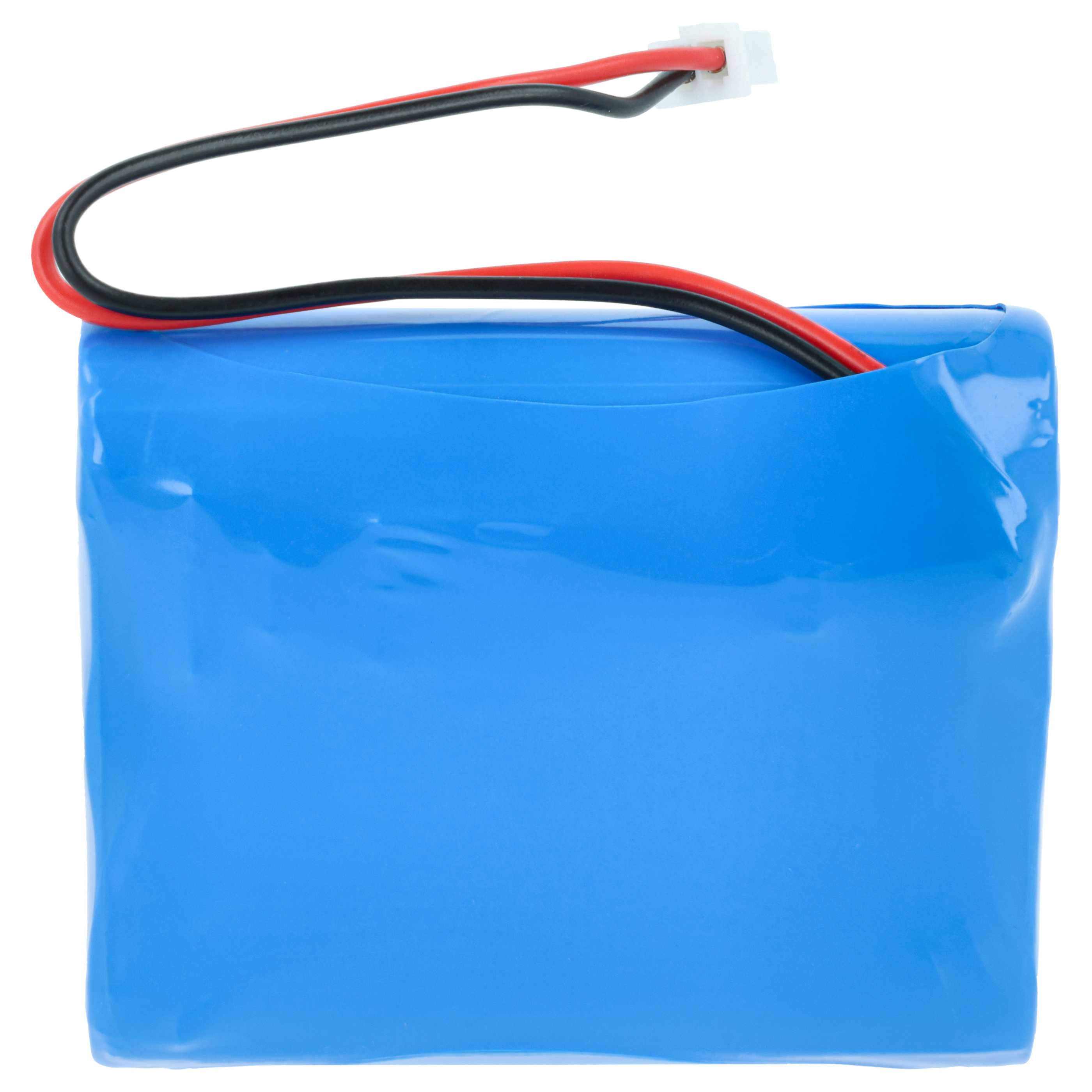 Ein blauer Akku mit roten und schwarzen Kabeln.