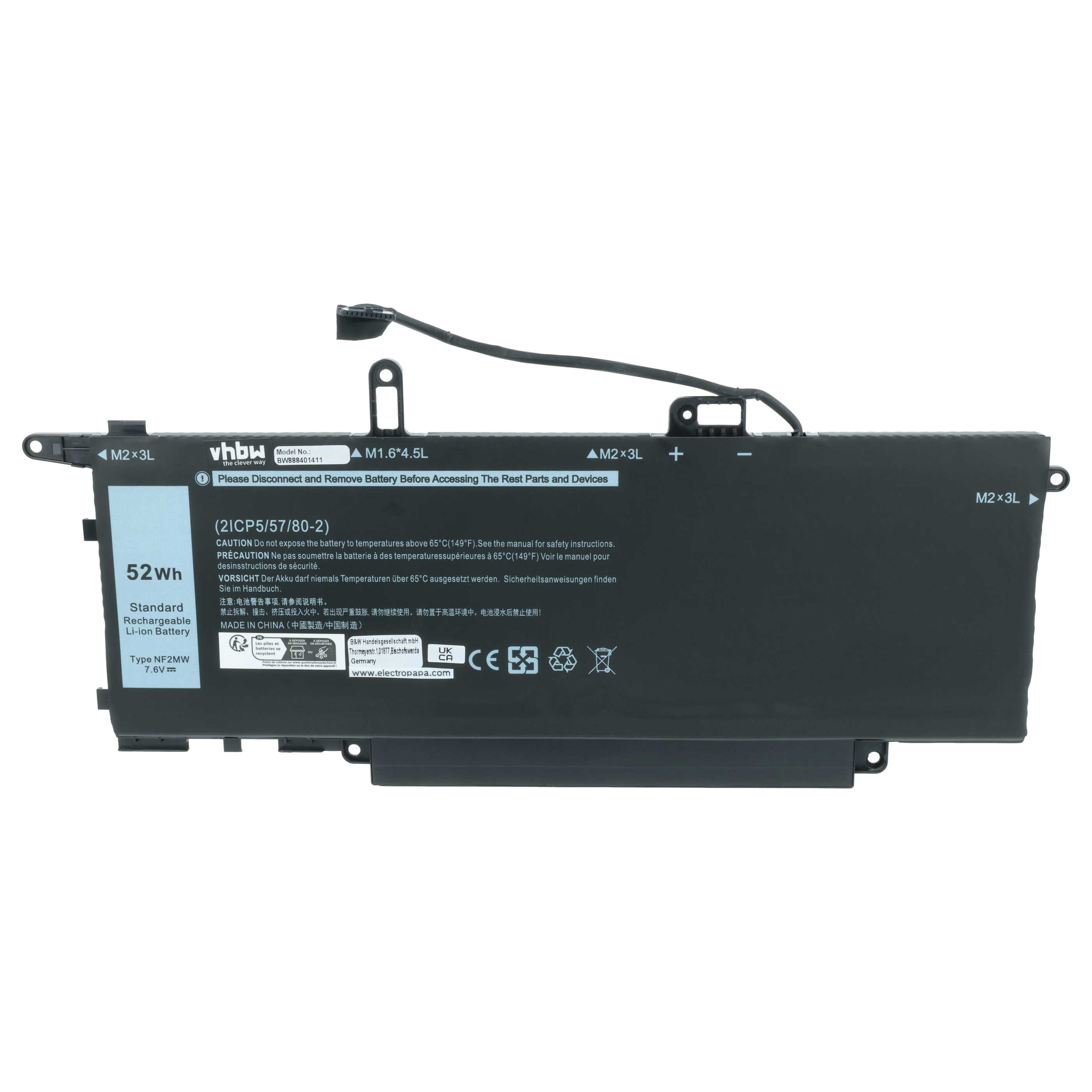 Schwarzer Laptop-Akku mit 52Wh, Typ NF2MW. Enthält Warnhinweise.