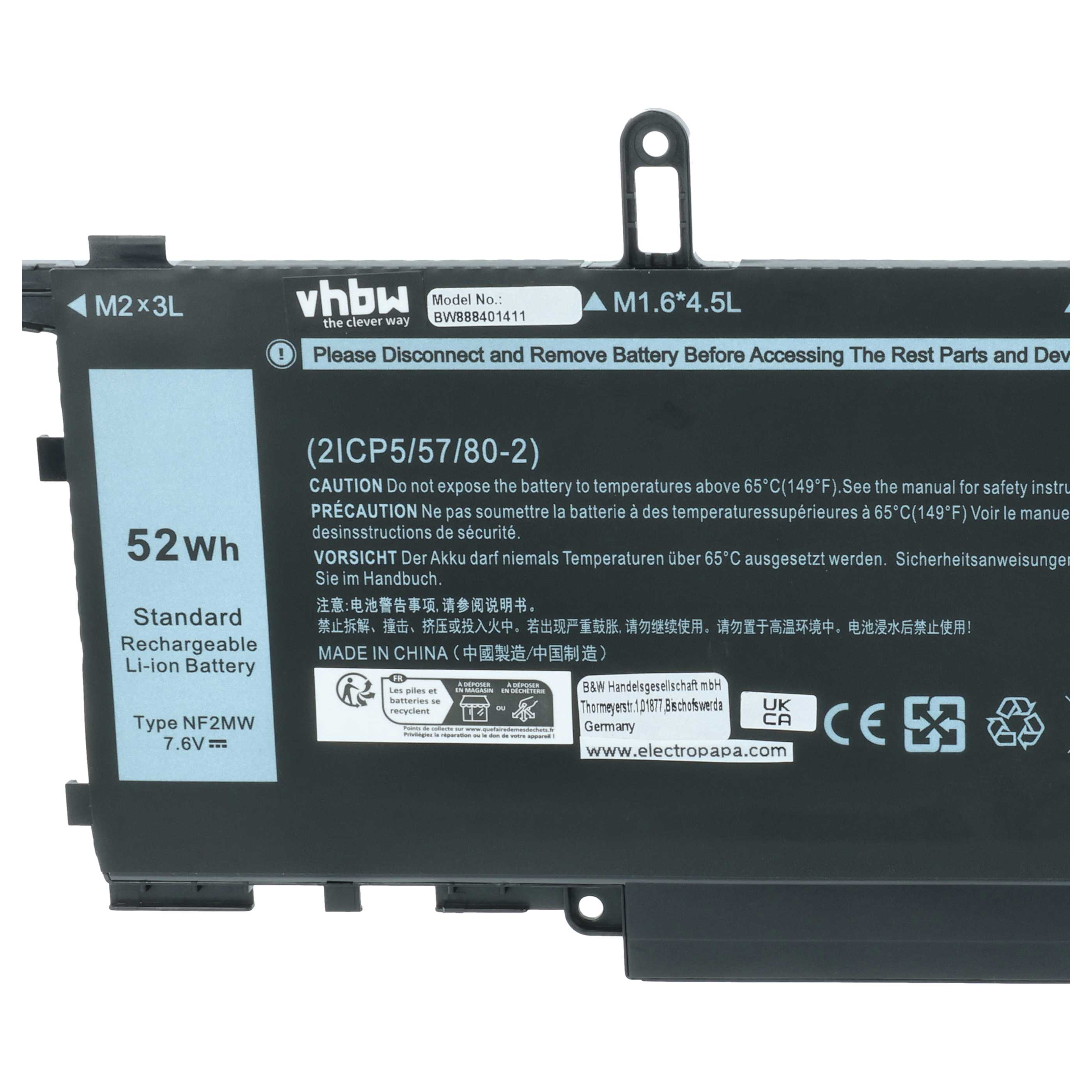 Ein schwarzer Laptop-Akku mit Aufschriften wie 52Wh, Modellnummer und Warnhinweisen.