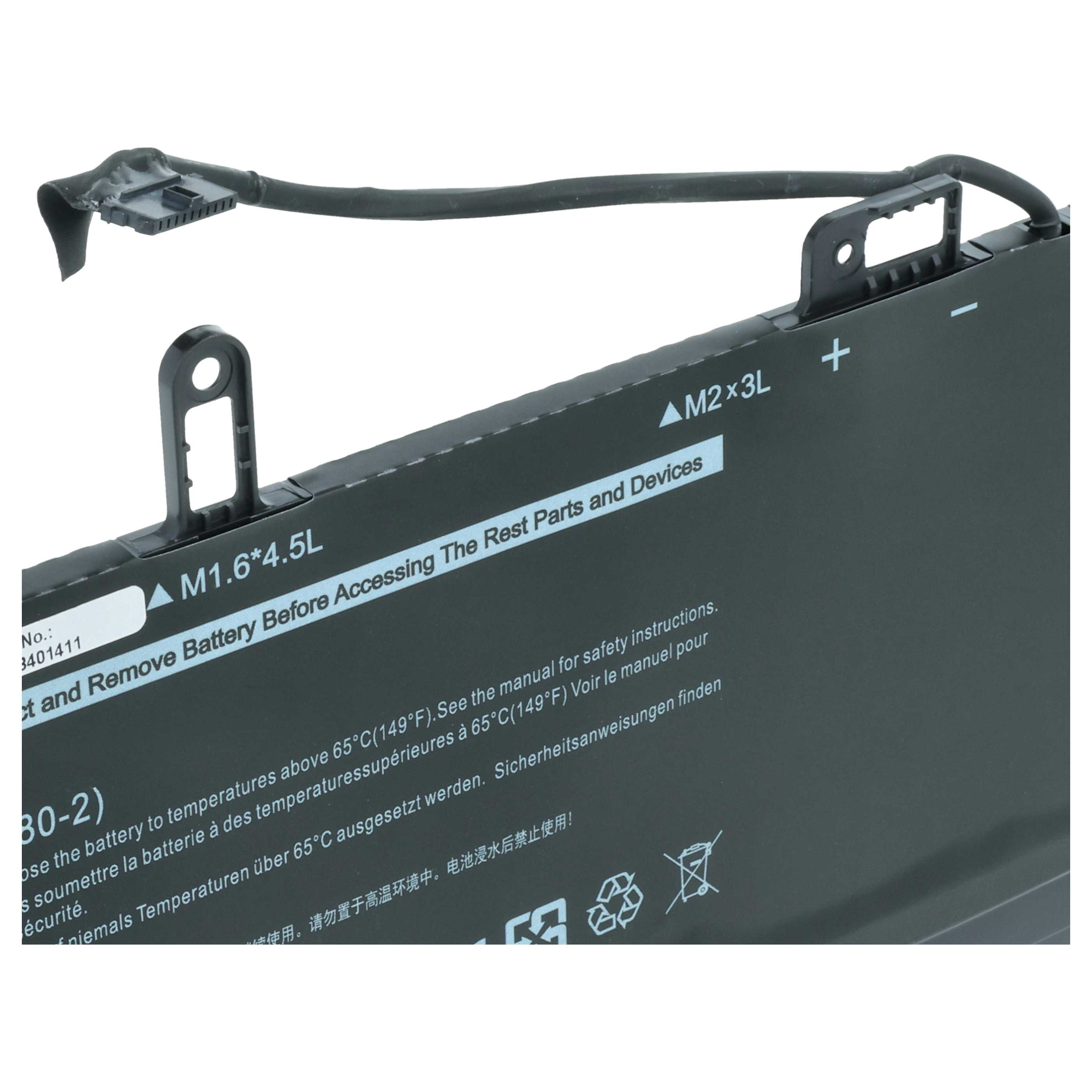Schwarzer Laptop-Akku mit Kabel und Warnhinweisen.
