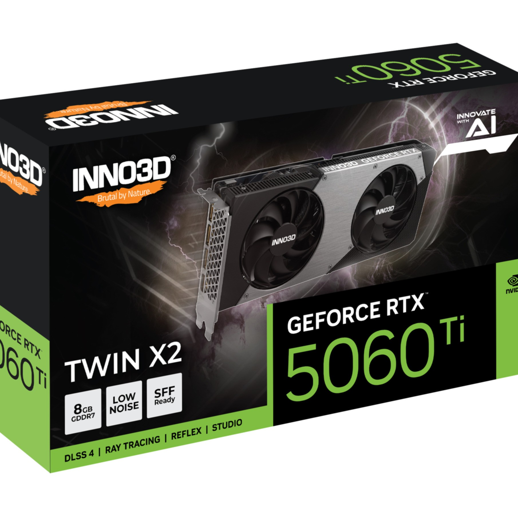 Pudełko karty graficznej INNO3D GeForce RTX 5060 Ti z dwoma wentylatorami.