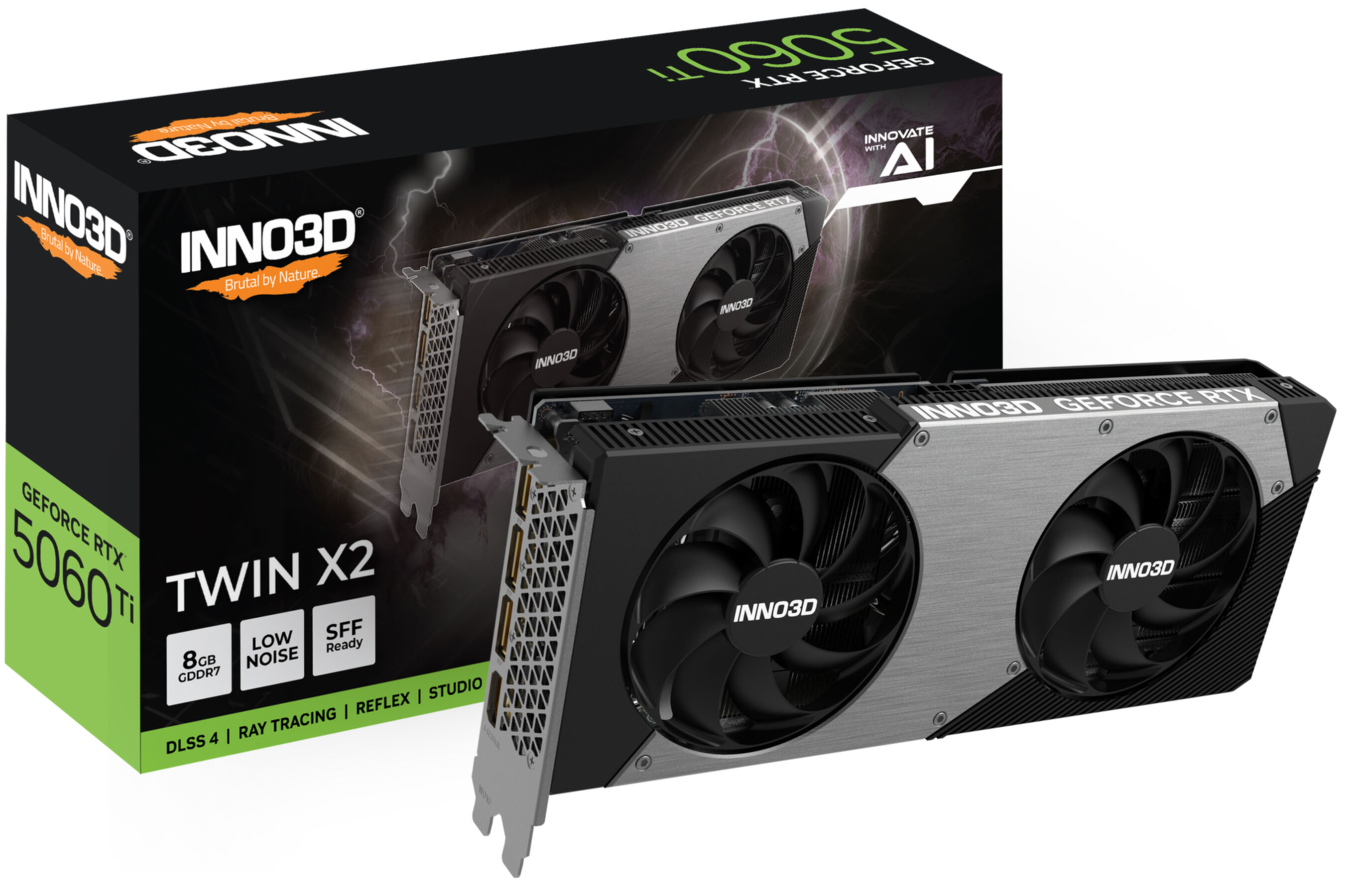 Karta graficzna INNO3D GeForce RTX 5060 Ti Twin X2 z dwoma wentylatorami i pudełkiem.