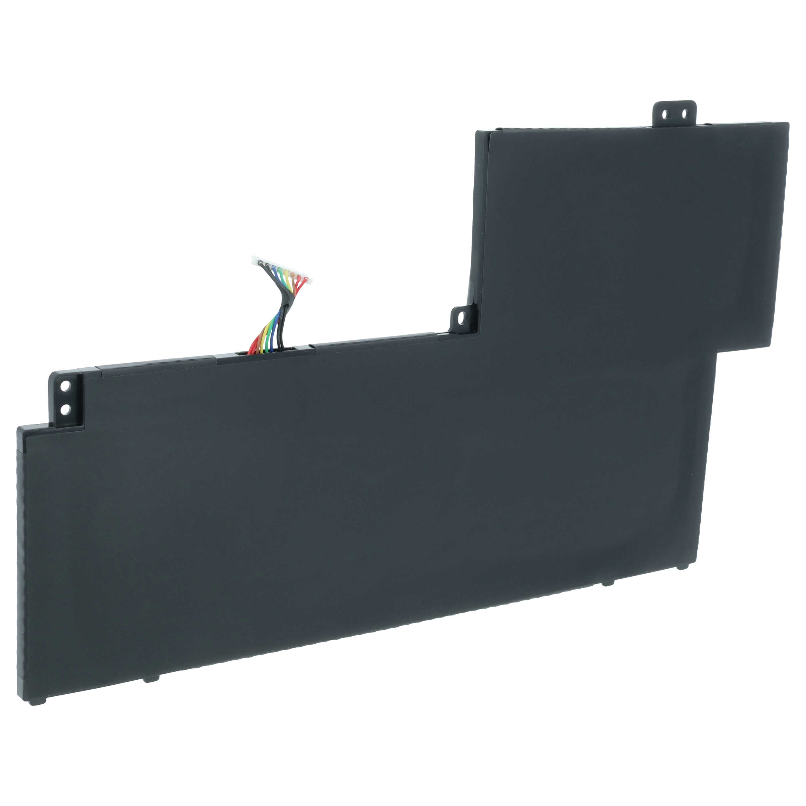 Schwarzer Laptop-Akku mit Kabeln. L-förmiges Design mit zwei Befestigungslöchern.