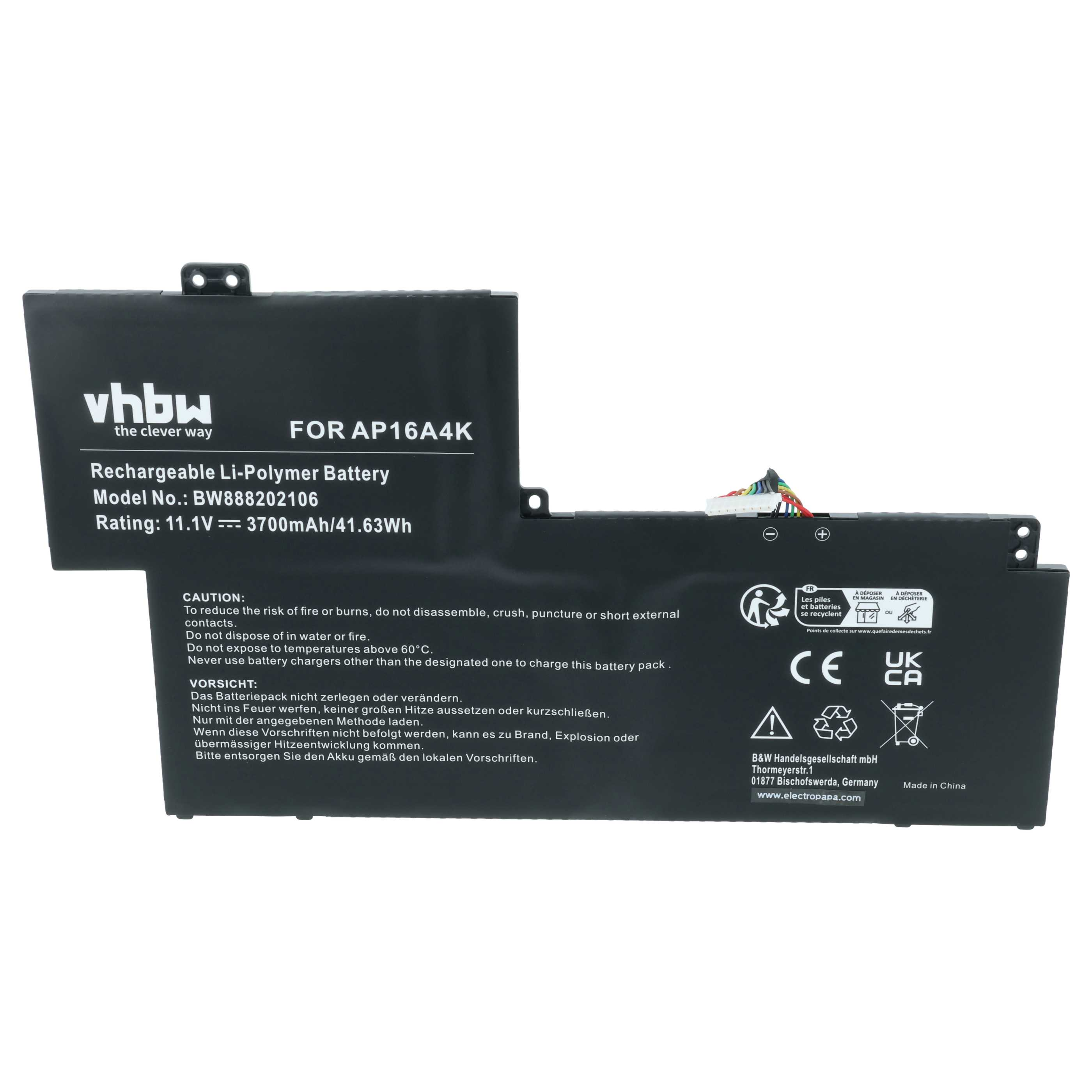Schwarzer Li-Polymer Akku mit weißer Schrift, Modell BW888202106.