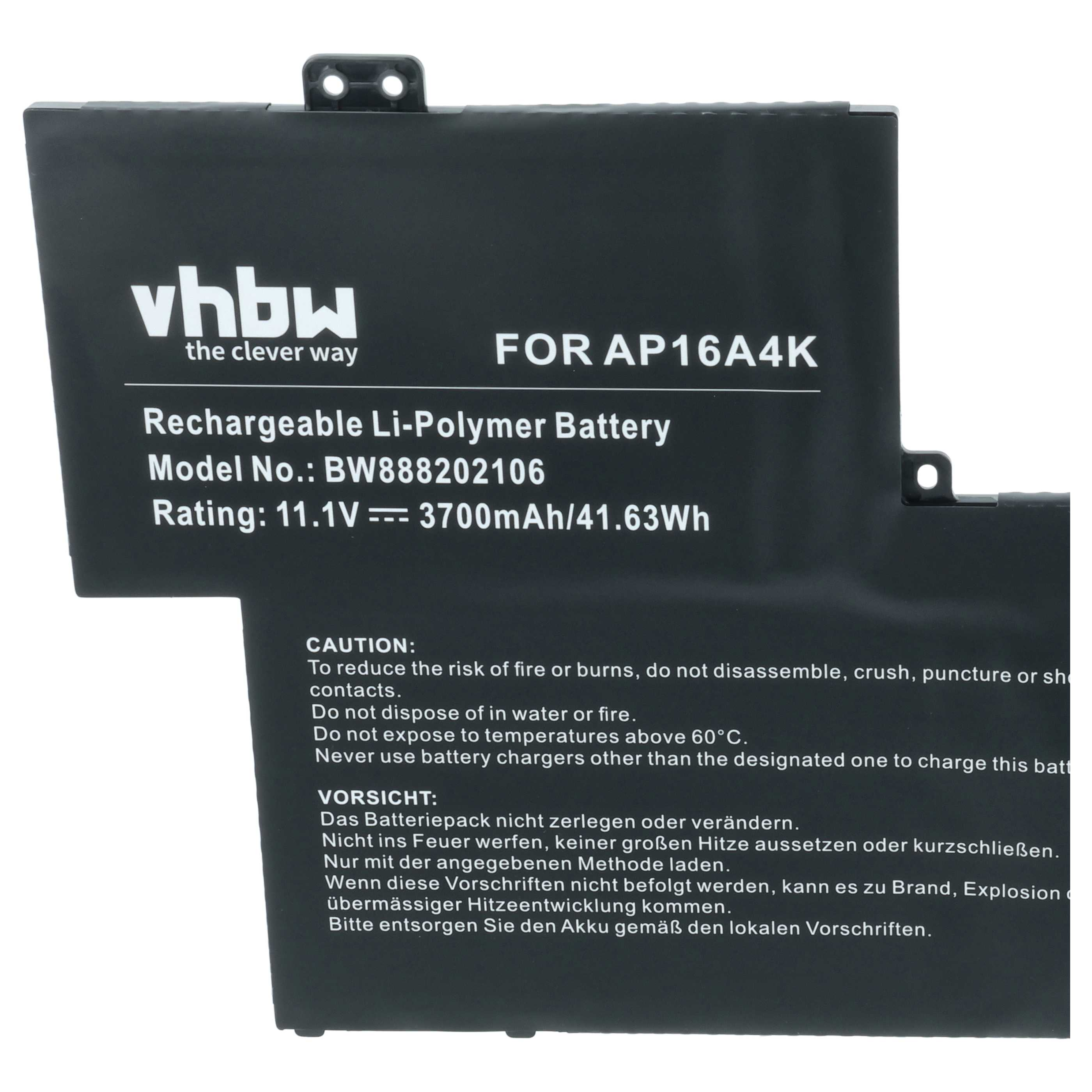 Schwarzer Akku mit weißen Aufschriften, Modell AP16A4K, 11.1V, 3700mAh.
