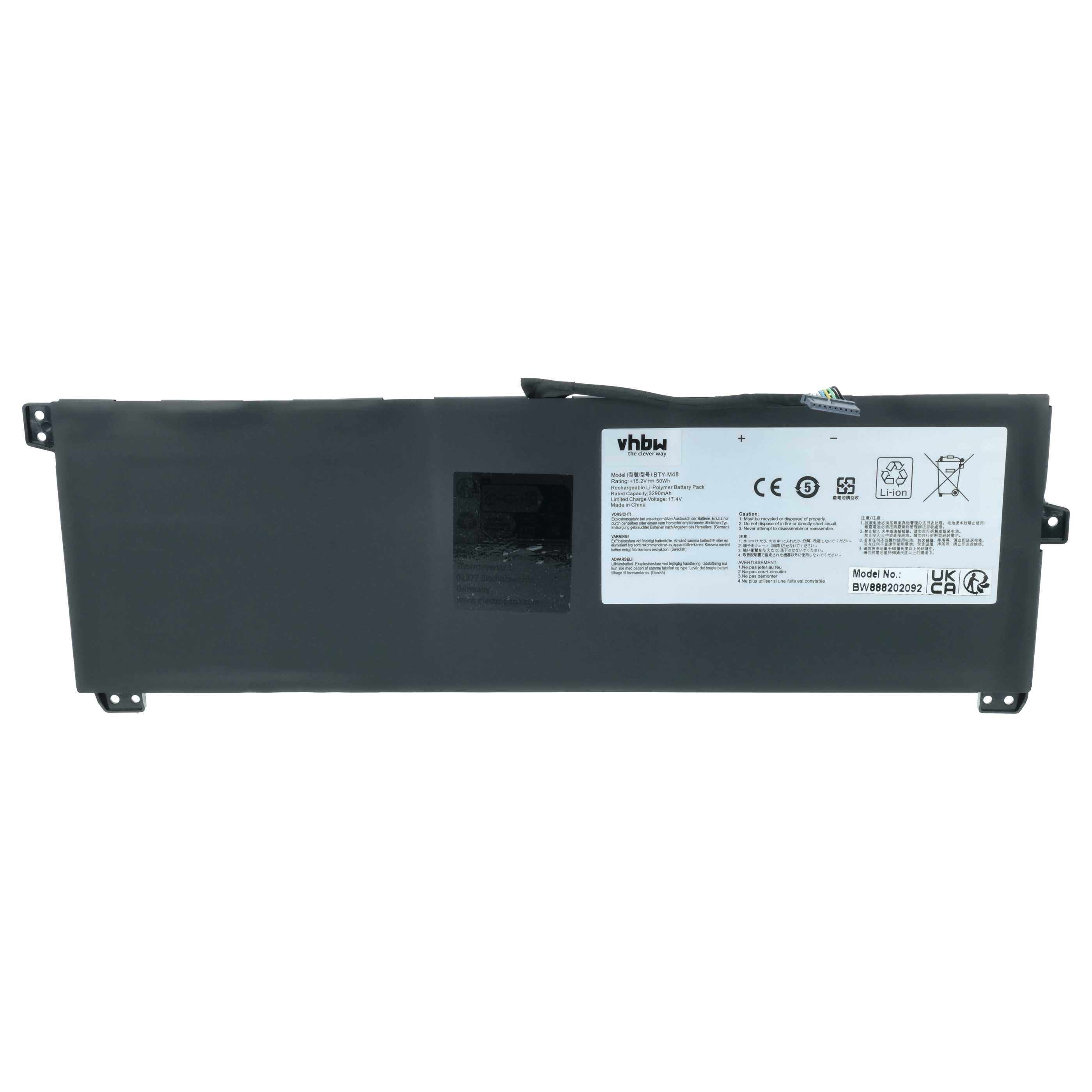 Schwarzer Lithium-Polymer-Akku mit Modellnummer BTY-M48 und Warnsymbolen.