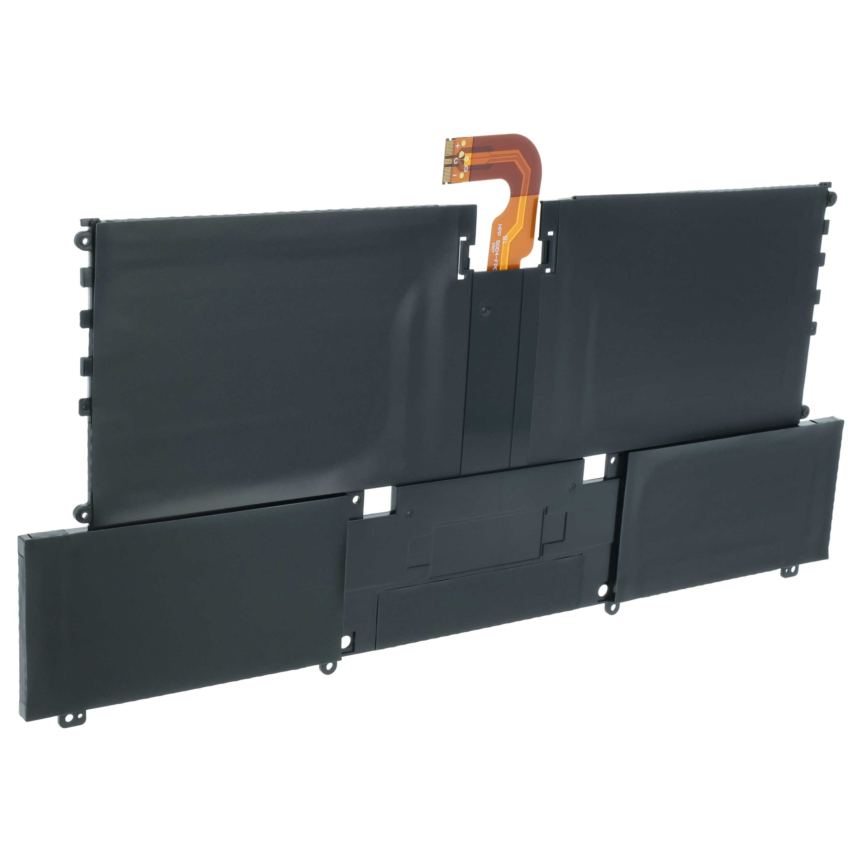 Schwarzer Laptop-Akku mit Flachbandkabel und Anschlüssen.