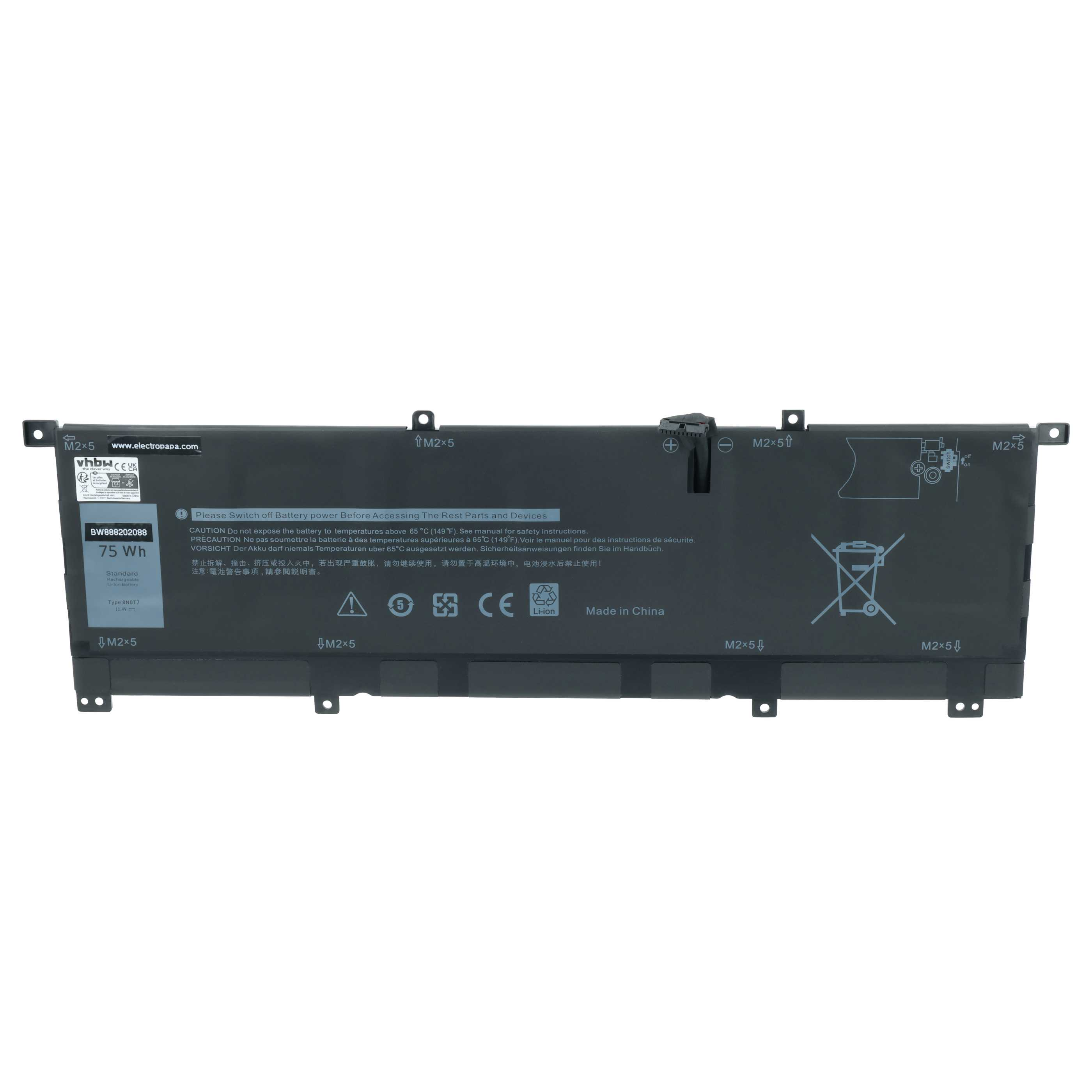 Schwarzer Laptop-Akku mit 75 Wh, CE- und Li-Ion-Kennzeichnung. Made in China.