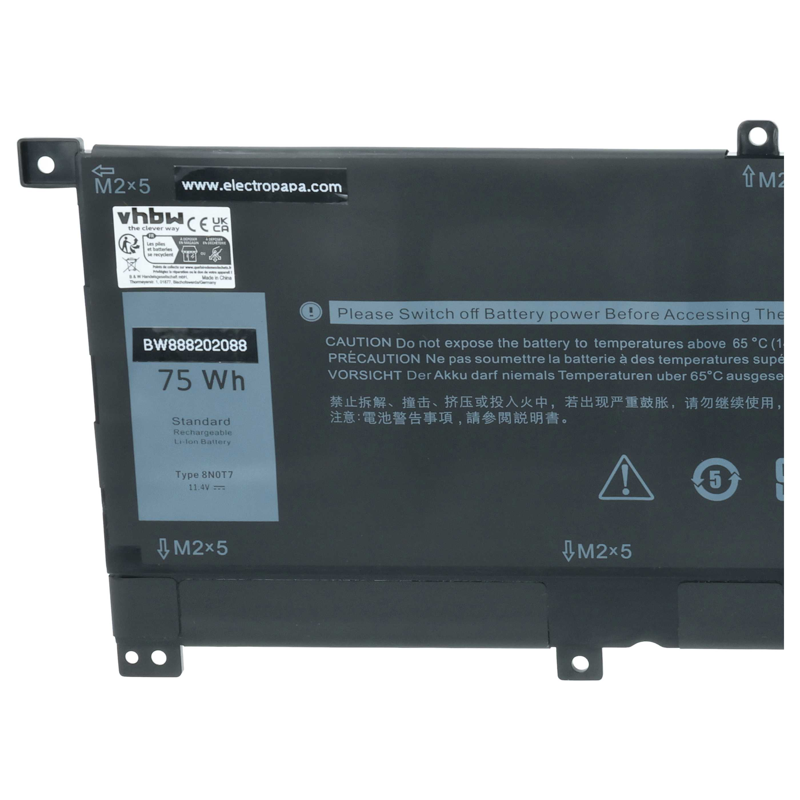 Schwarzer Laptop-Akku mit Beschriftungen: 75 Wh, BW888202088, 11.4V, Typ 8N0T7.