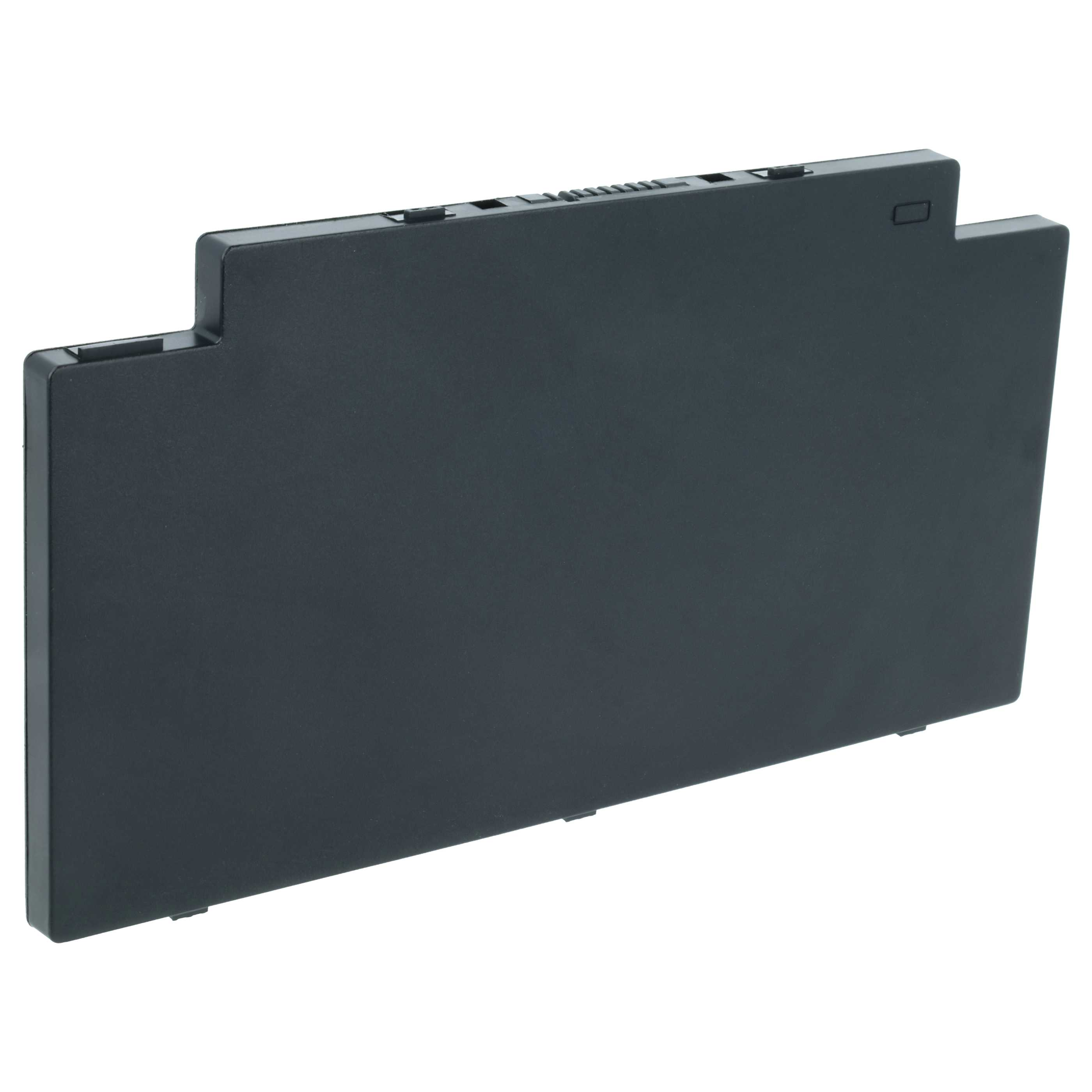 Ein schwarzer Laptop-Akku mit einer rechteckigen Form und abgerundeten Ecken.