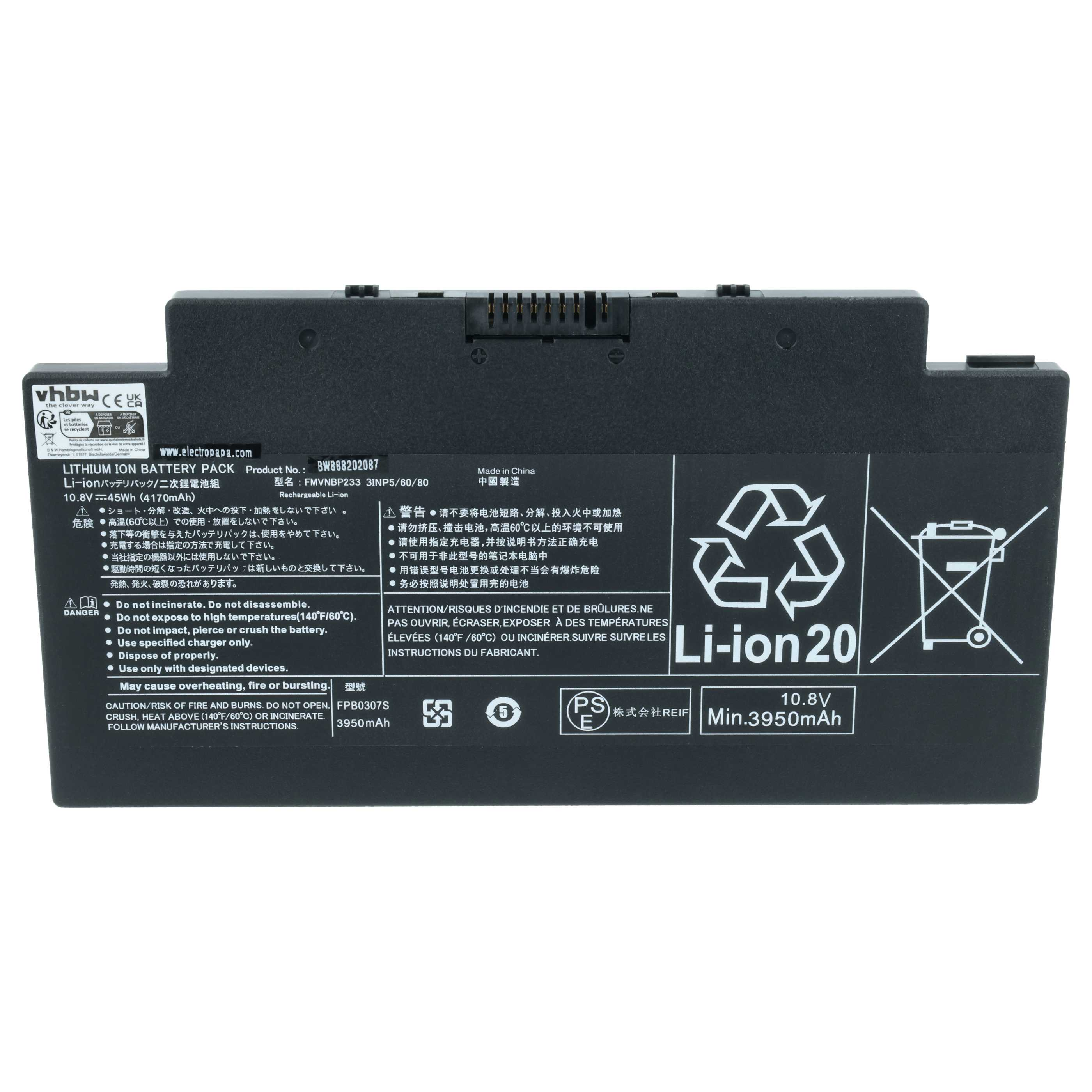 Schwarzer Li-Ion Akku mit Warnsymbolen und technischen Daten.