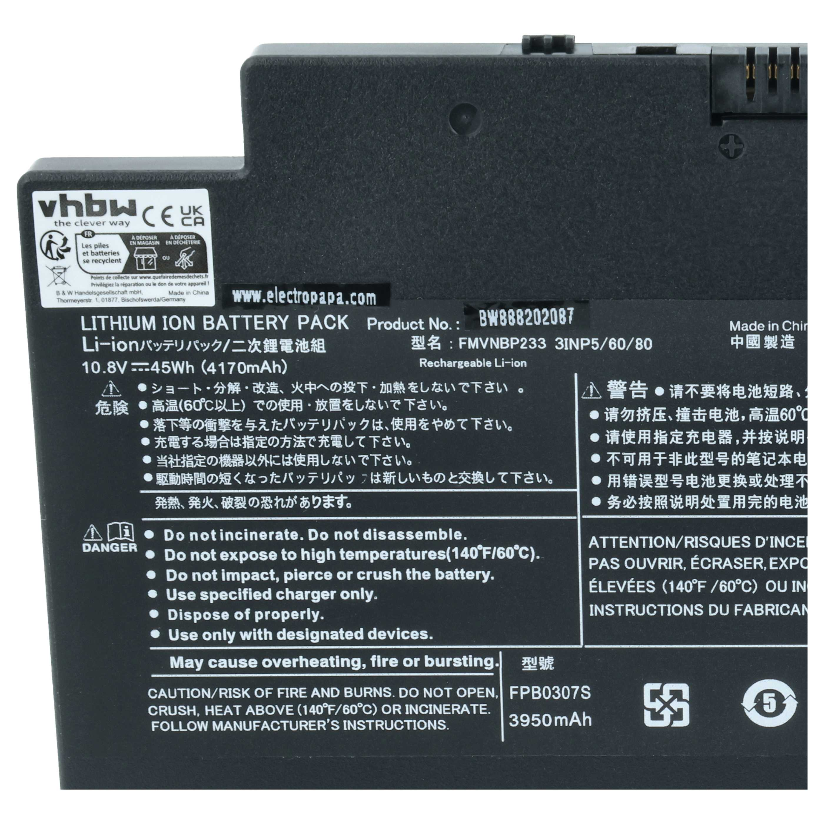 Schwarzer Lithium-Ionen-Akku mit Warnhinweisen und technischen Daten.