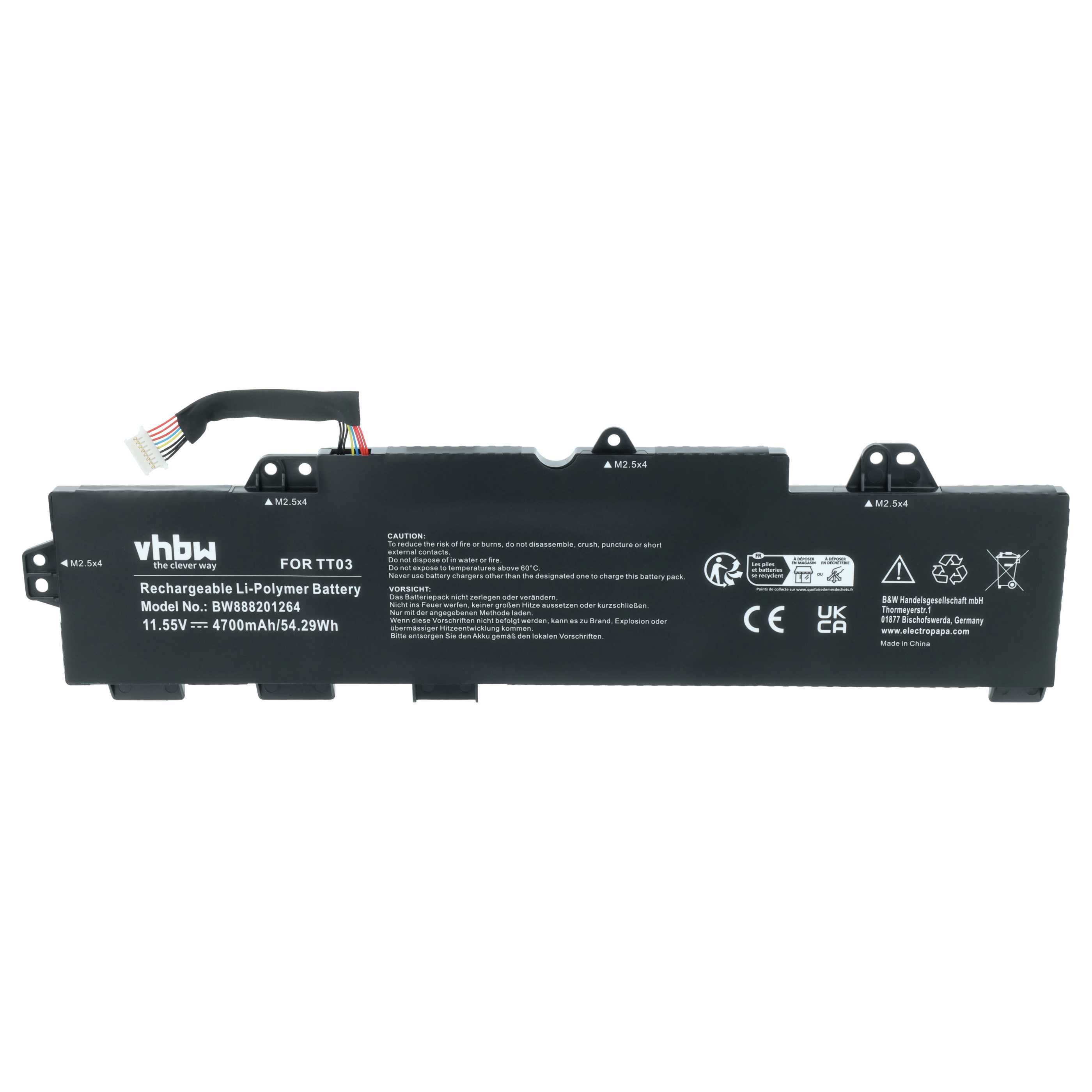 Schwarzer Li-Polymer-Akku für TT03, 11.55V, 4700mAh, mit Kabel und Warnhinweisen.