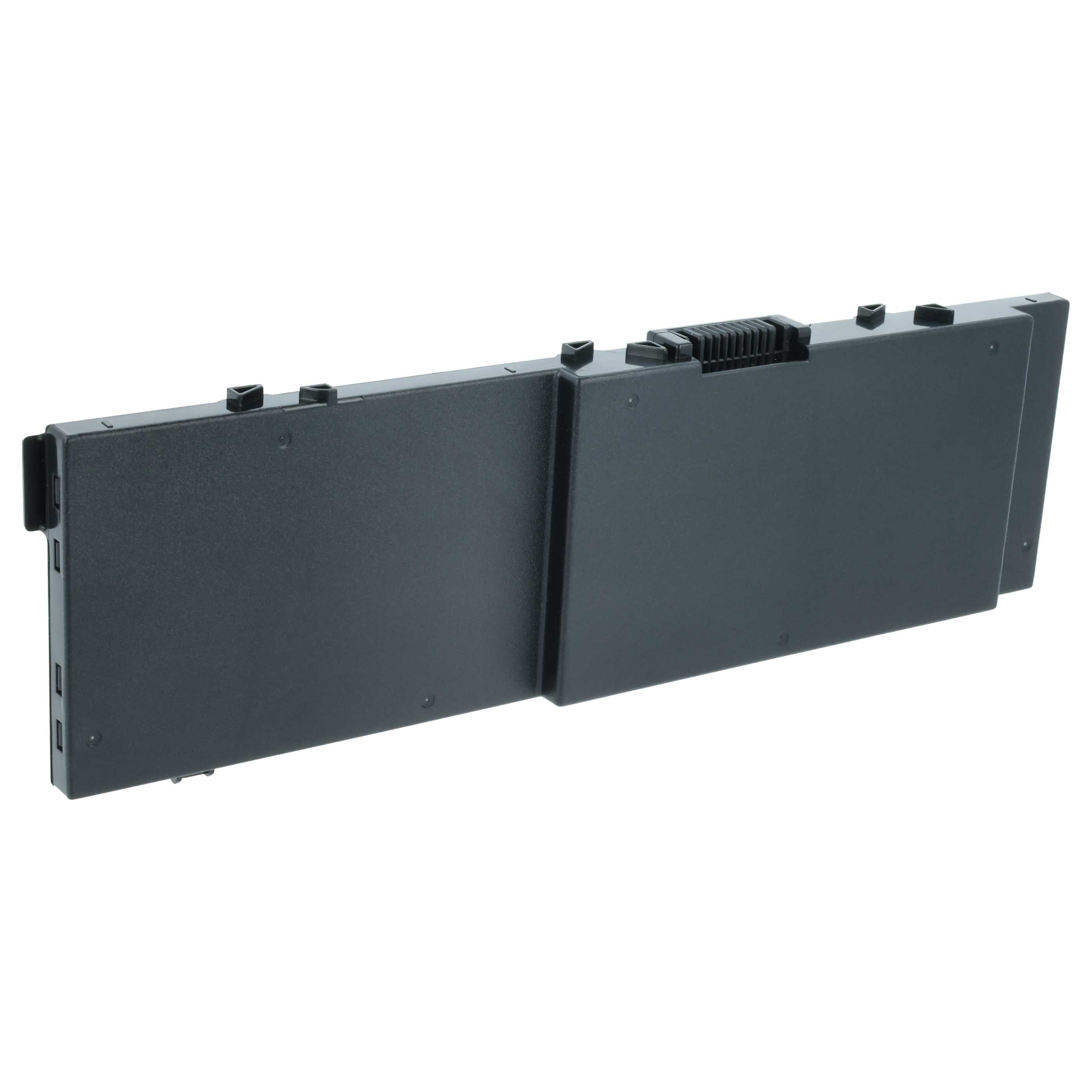 Ein schwarzer Laptop-Akku mit zwei Segmenten, Ansicht von der Seite.