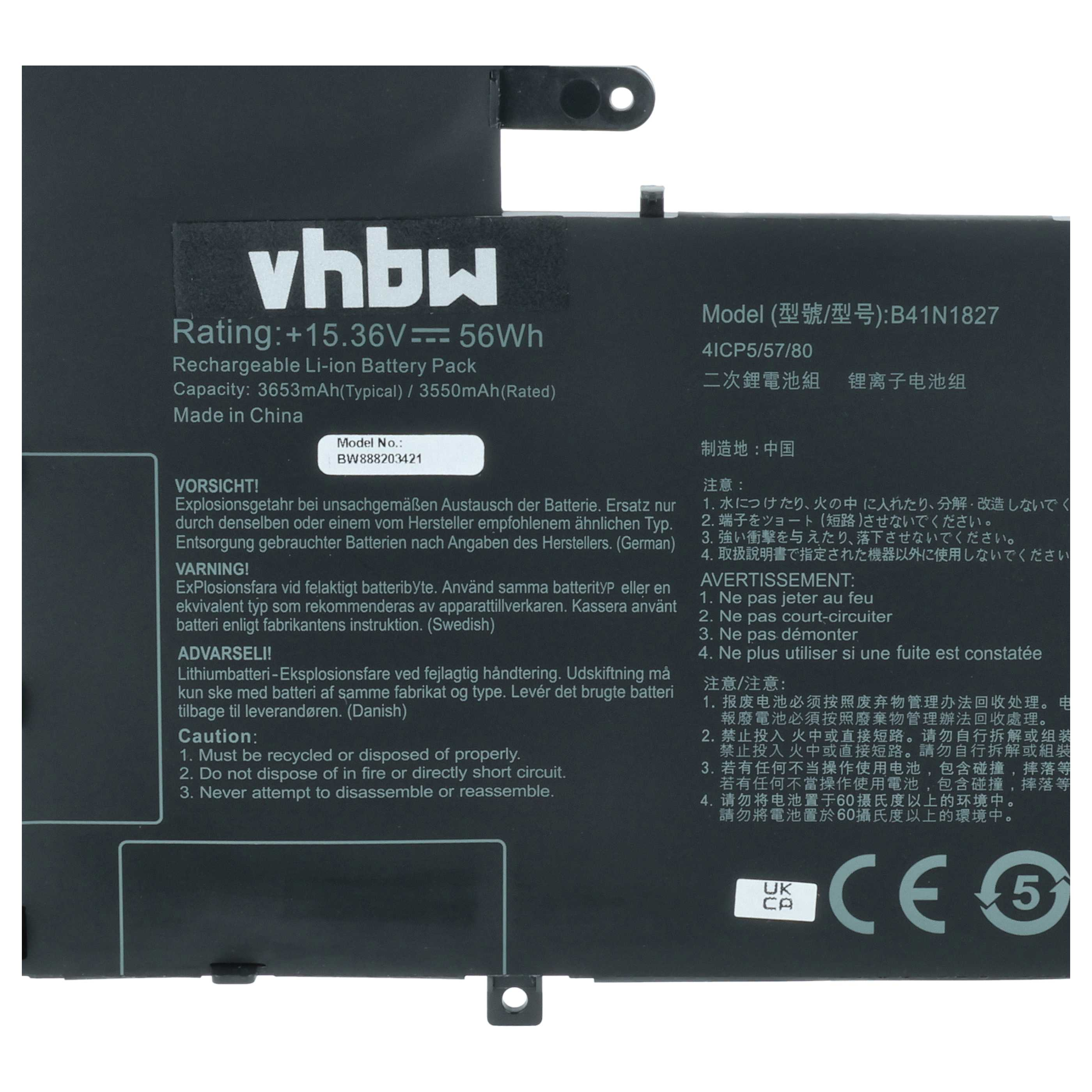 Ein schwarzer Lithium-Ionen-Akku mit weißer Beschriftung und Sicherheitswarnungen.