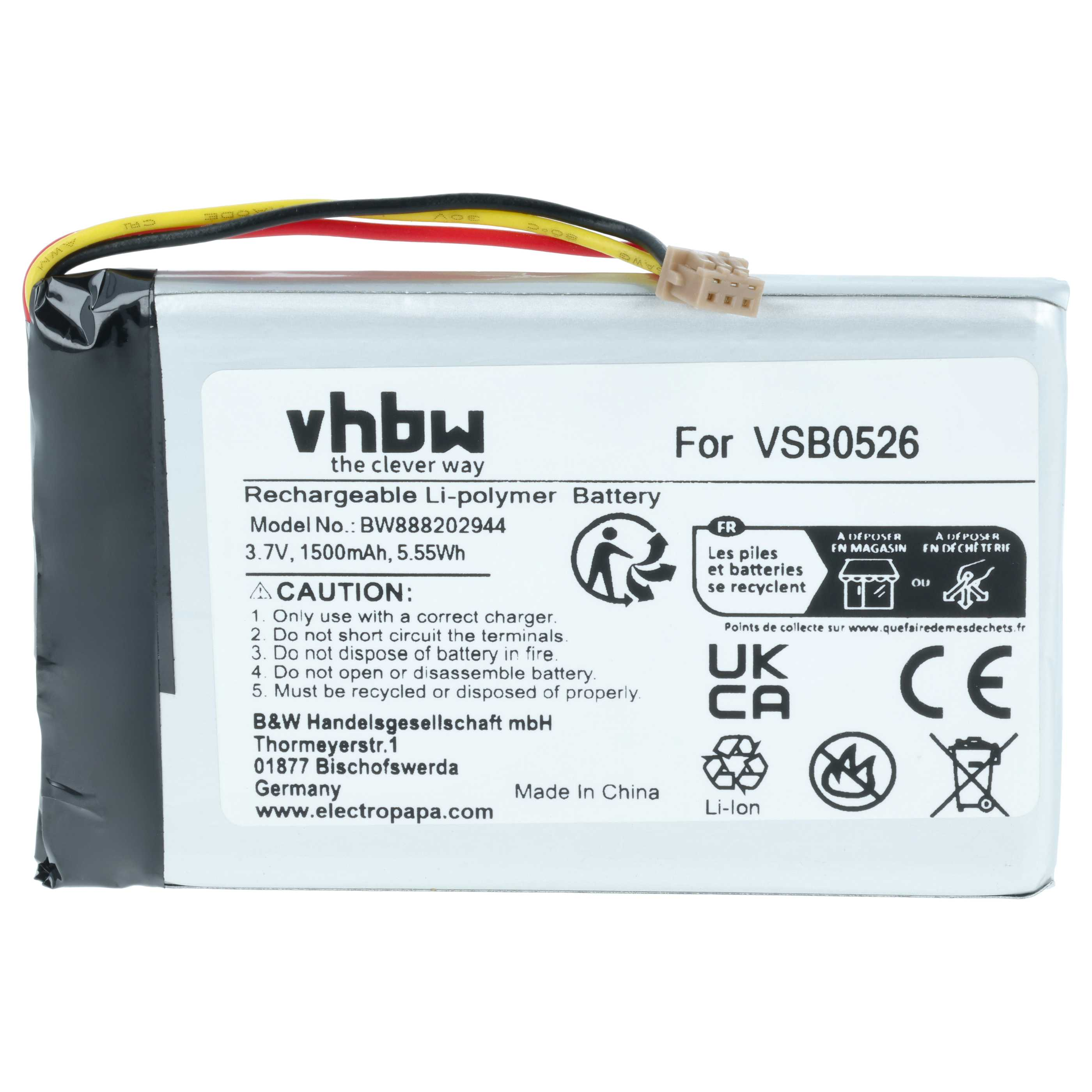 Graue Li-Polymer-Batterie für VSB0526 mit Kabeln und Warnsymbolen.
