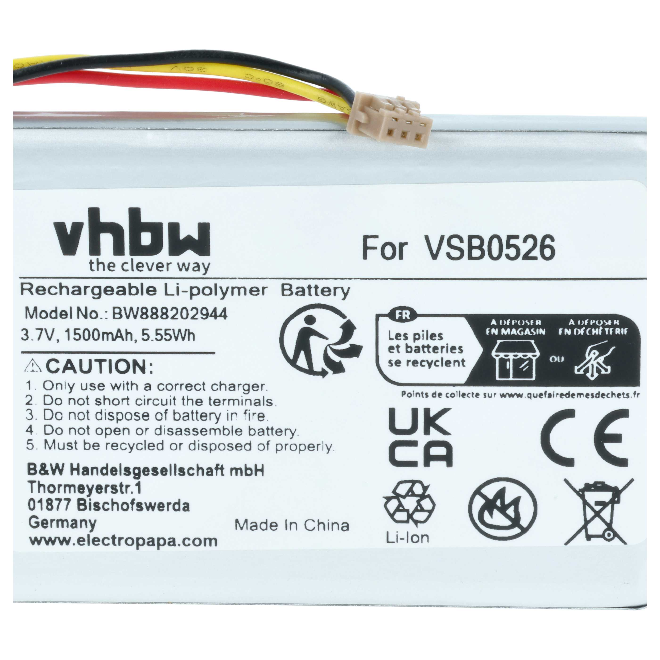 vhbw Li-Polymer Akku für VSB0526, 3,7V, 1500mAh, mit Kabeln.