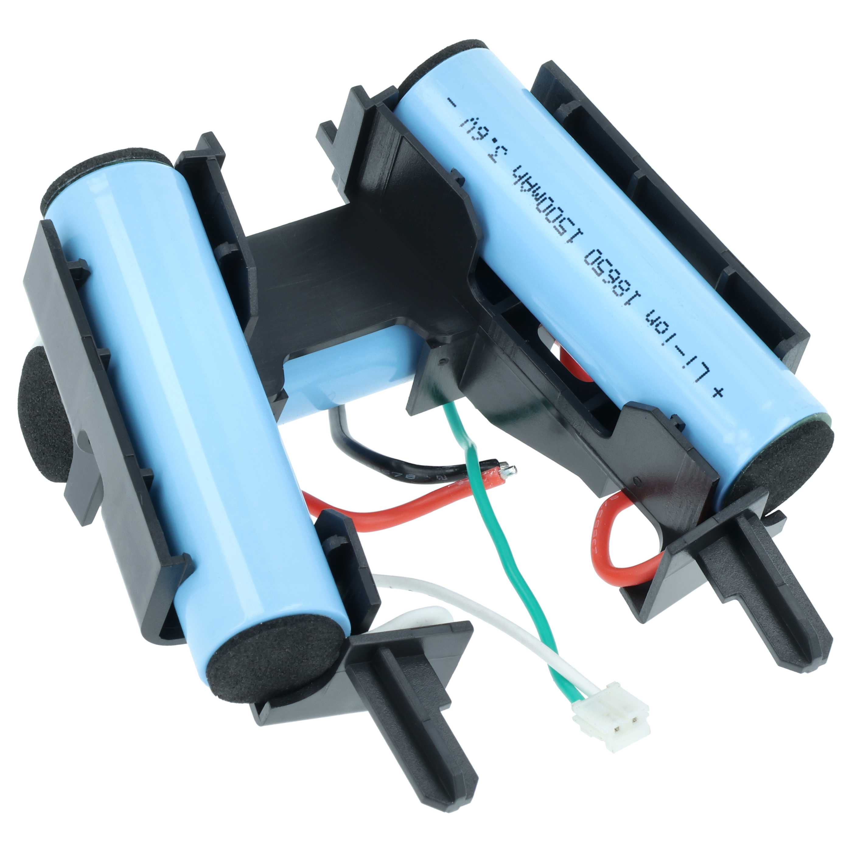 Ein Akkupack mit zwei Li-Ion 18650 Batterien in einer schwarzen Halterung.