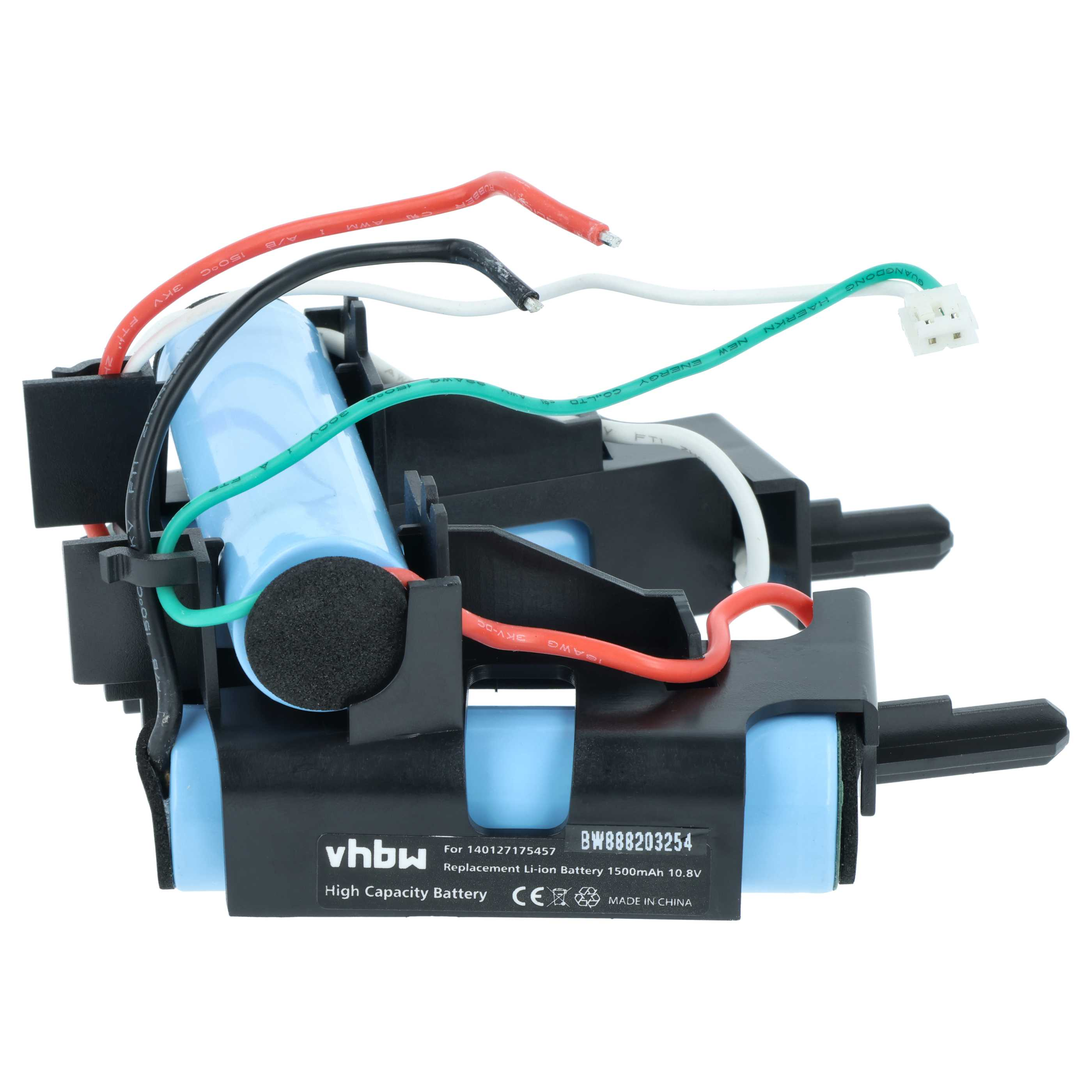 Ein Lithium-Ionen-Akku mit Kabeln, Schwarzhalterung, blauem Gehäuse.