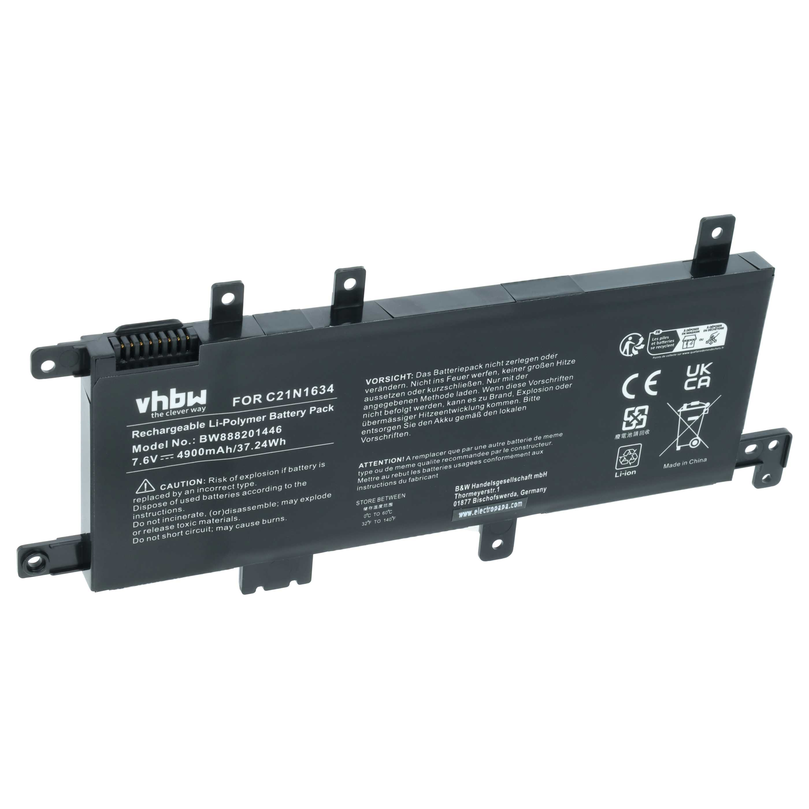Schwarzer Laptop-Akku mit Warnhinweisen und technischen Daten, Modell BW888201446.