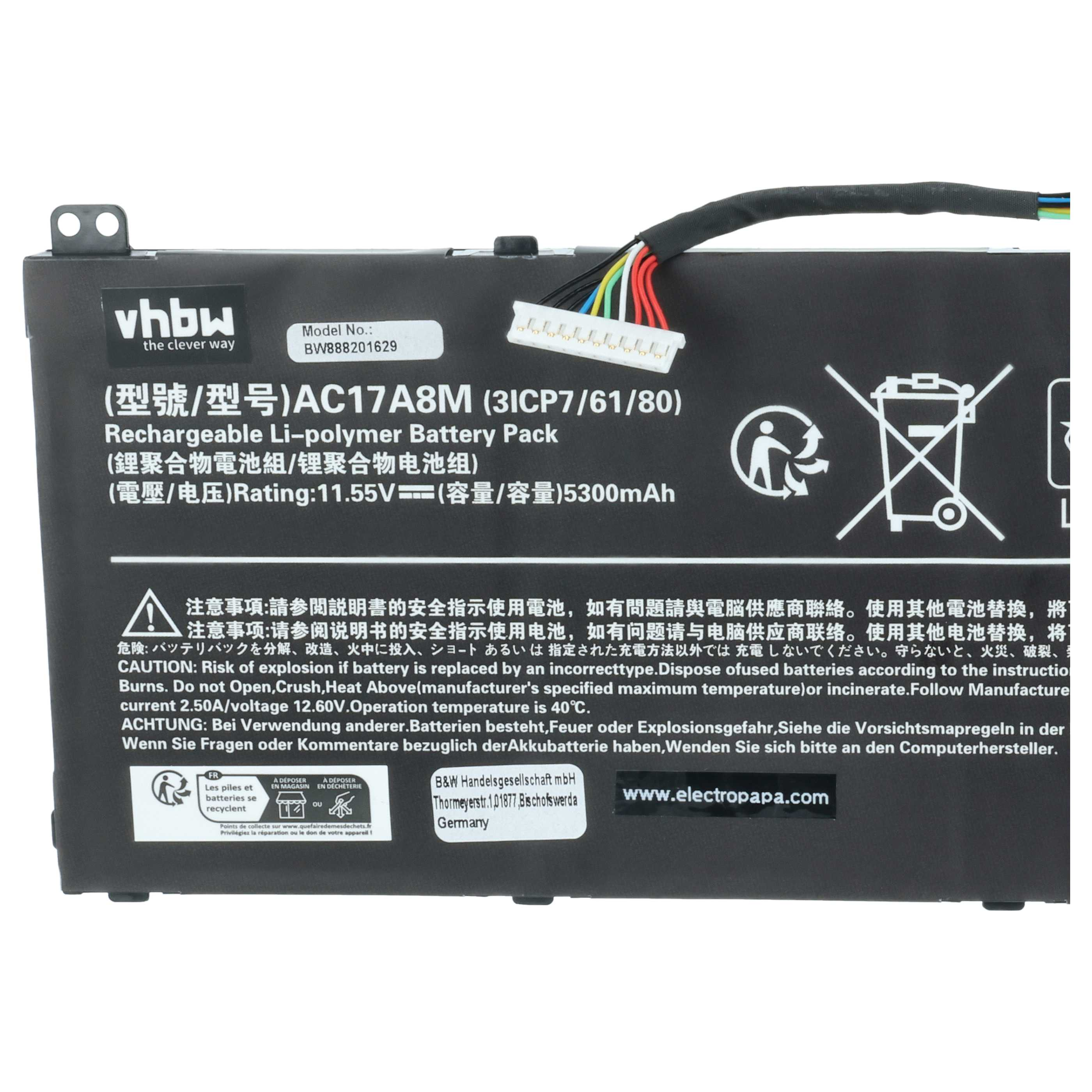 Ein schwarzer Akku mit vhbw Logo, Modell AC17A8M, 11.55V, 5300mAh.