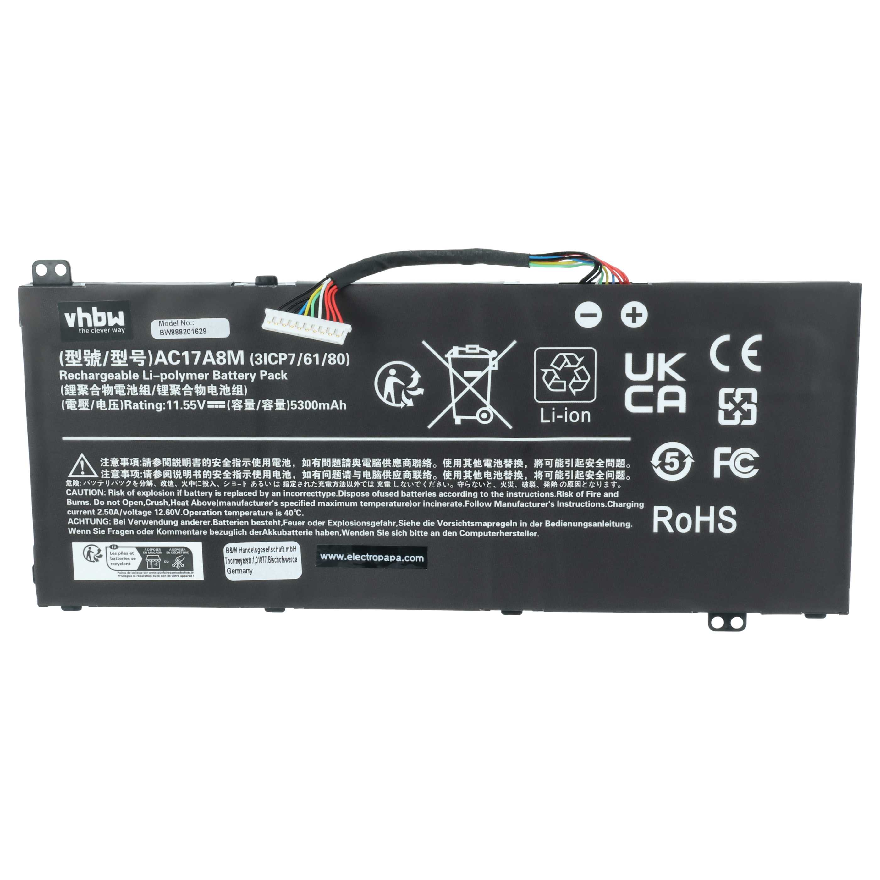 Schwarzer Laptop-Akku mit Modellnummer AC17A8M und 5300mAh Kapazität.