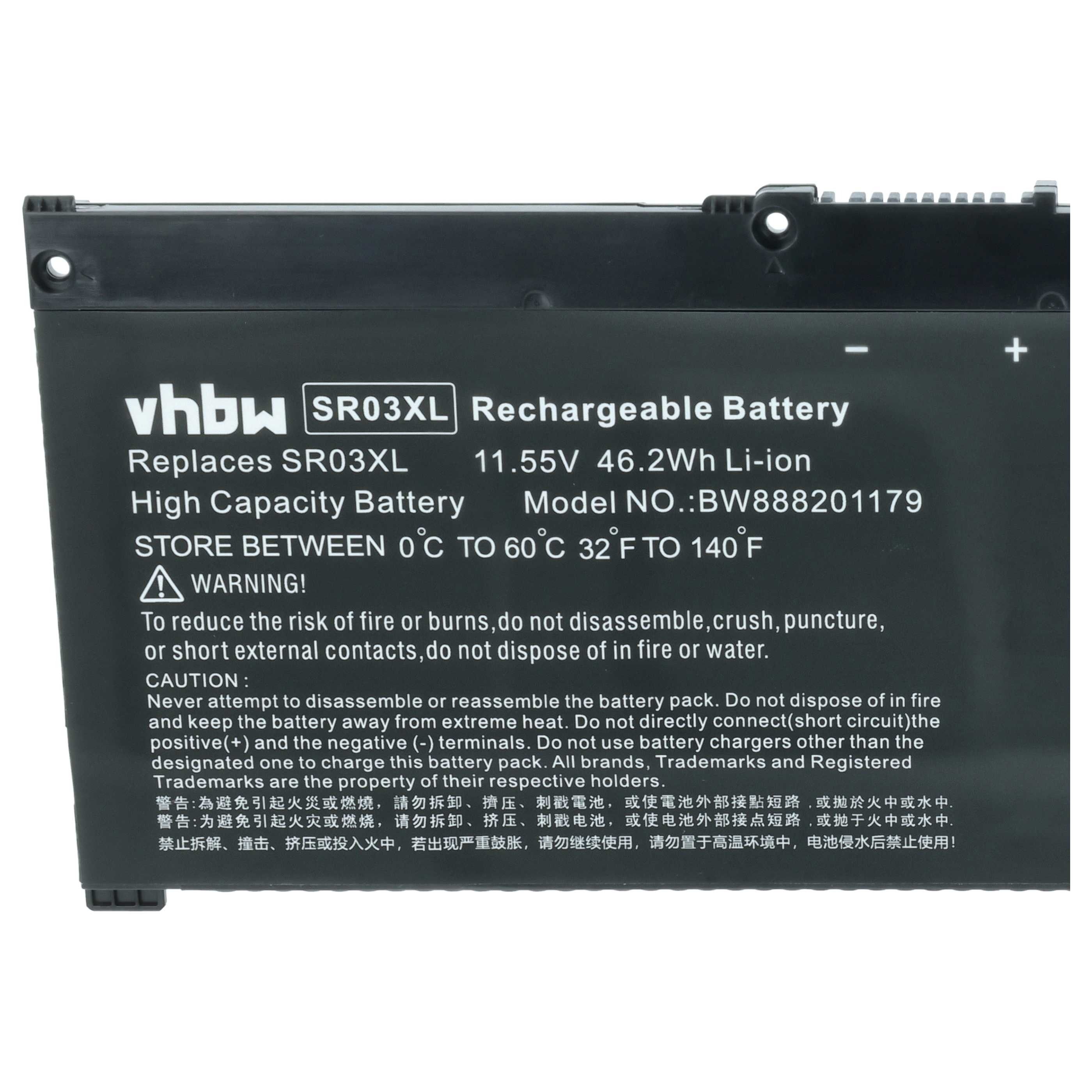 Schwarzer Akku mit Aufschriften: vhbw, SR03XL, 11.55V 46.2Wh Li-ion.