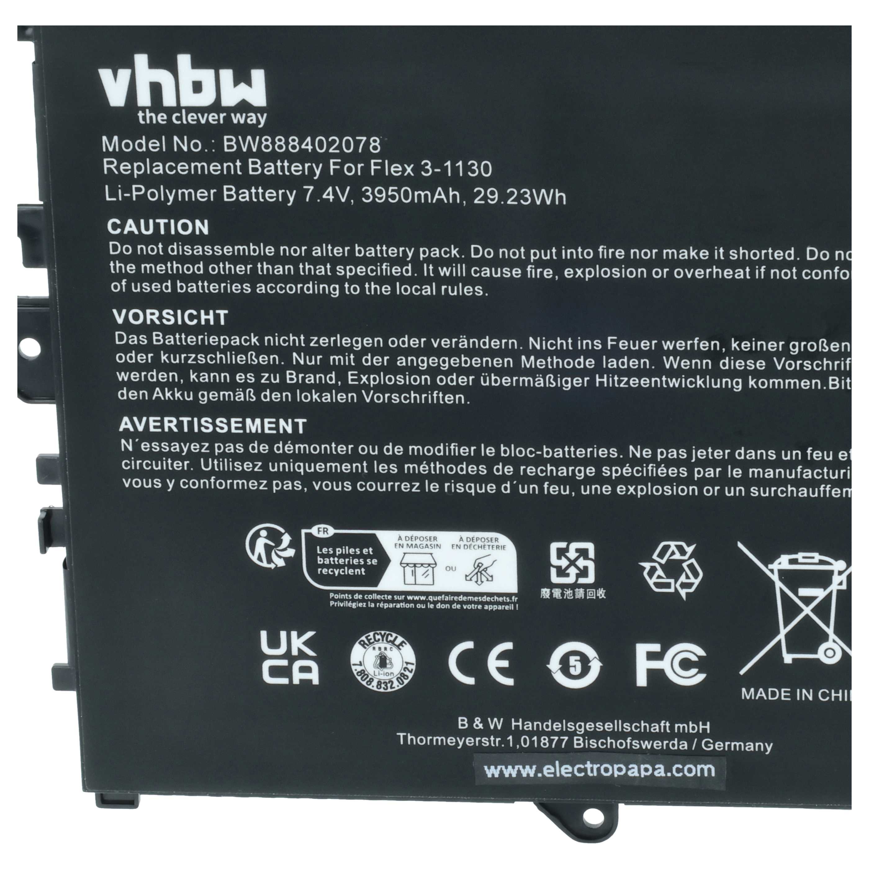 Schwarzer Akku mit weißer Schrift, Modell BW888402078, Li-Polymer 7.4V.