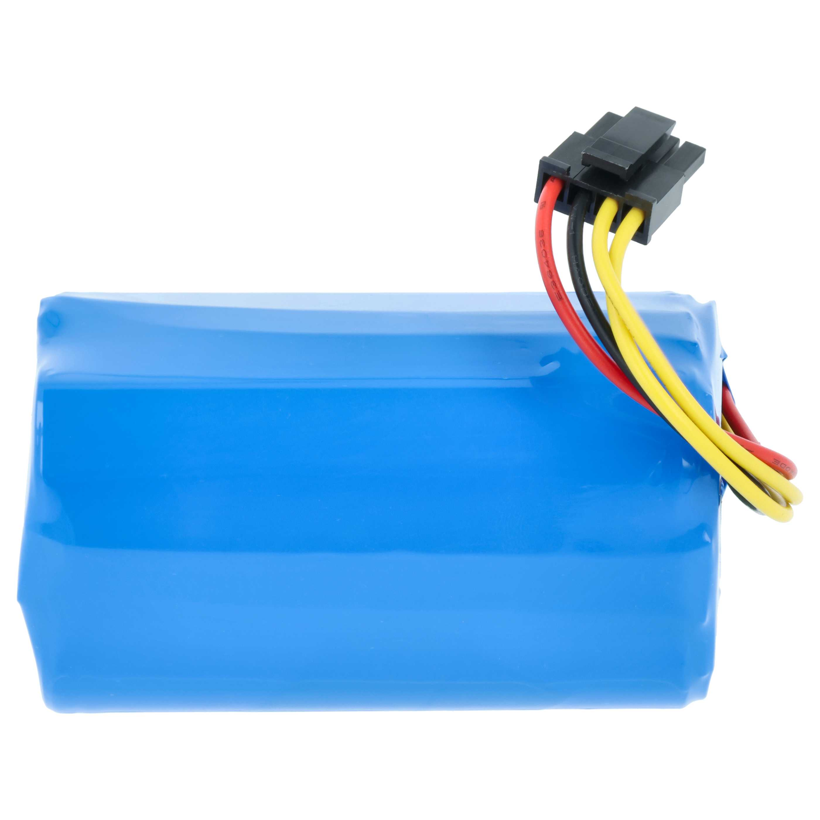 Ein blaues Akkupack mit drei Kabeln (rot, schwarz, gelb) und einem schwarzen Stecker.